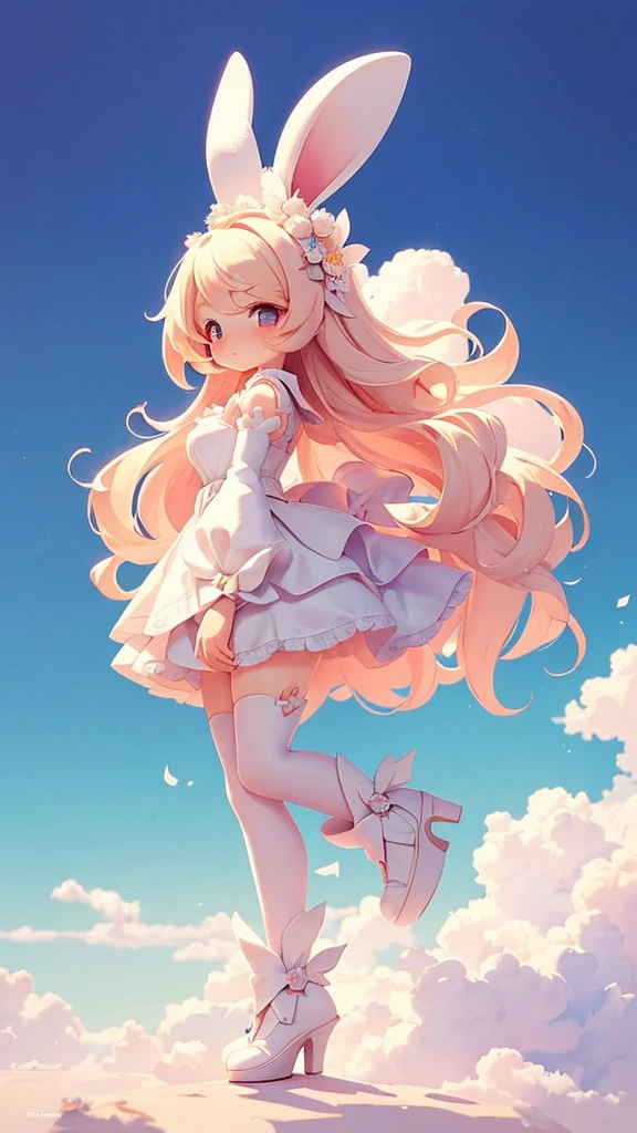 Bunny Morphing Girl, fluffy, soft ((highest quality)), ( Very detailed, Best details, Official Art, Beauty and aesthetics: 1.2), Depth of the written border, composition, whole body, (a bit), (Beautiful and detailed: 1.3), (wonderful:1), Colorful clouds blurred background,One girl,