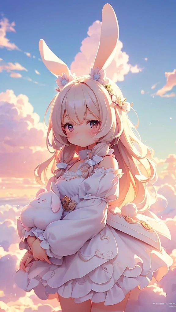 Bunny Morphing Girl, fluffy, soft ((highest quality)), ( Very detailed, Best details, Official Art, Beauty and aesthetics: 1.2), Depth of the written border, composition, whole body, (a bit), (Beautiful and detailed: 1.3), (wonderful:1), Colorful clouds blurred background,One girl,