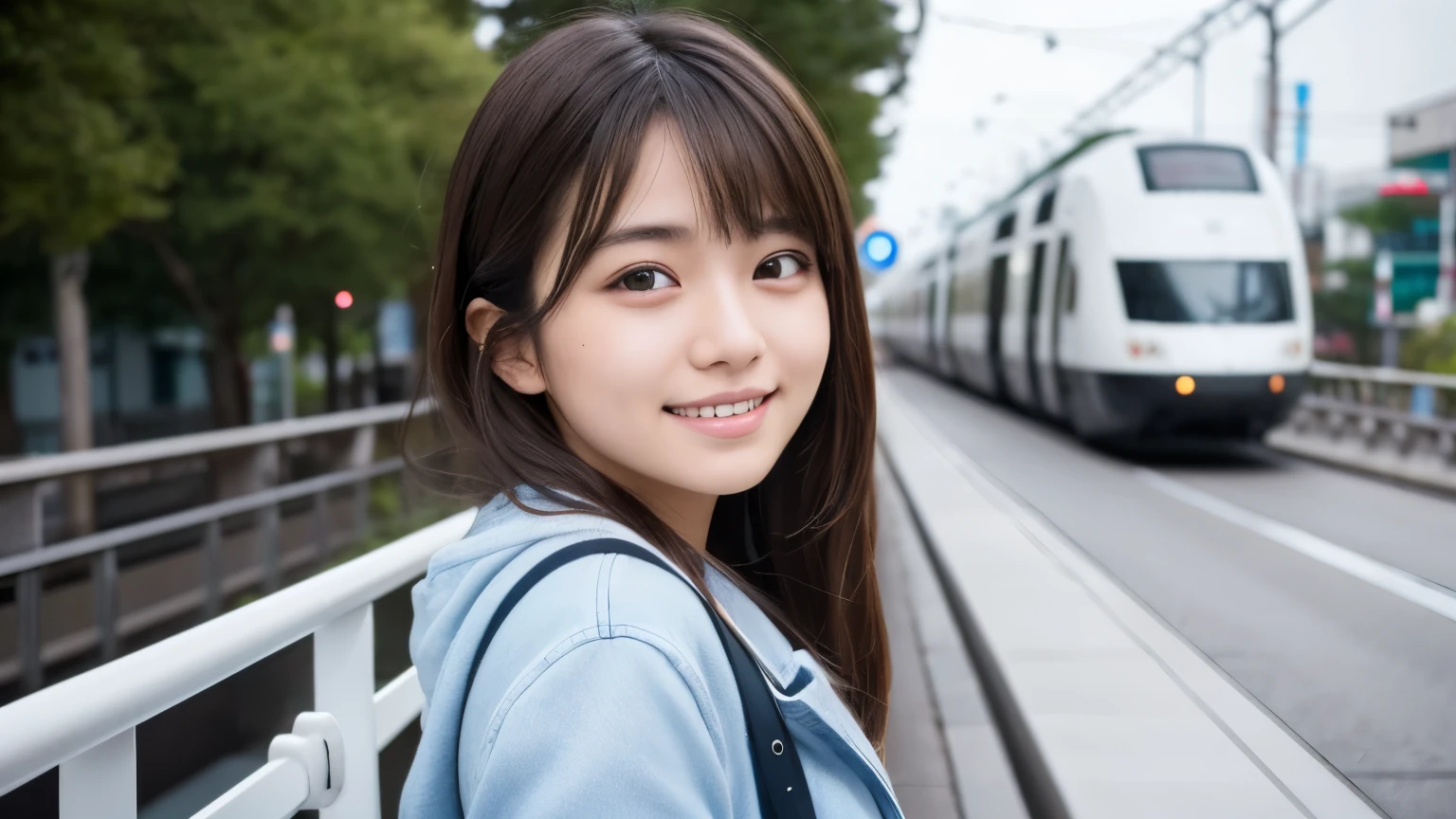 (perfect anatomy:1.2)(absurdres, highres, ultra detailed),Masterpiece,intricate details,Best quality,8k,Realistic face,Realistic skin texture,magnified textures, stunning clarity, ultra detailed eyes and faces,19 years old girl,japanese girl,smile,college student,dark brown hair,white pedestrian deck,white monorail,japanese city,peace atmosphere,holiday,