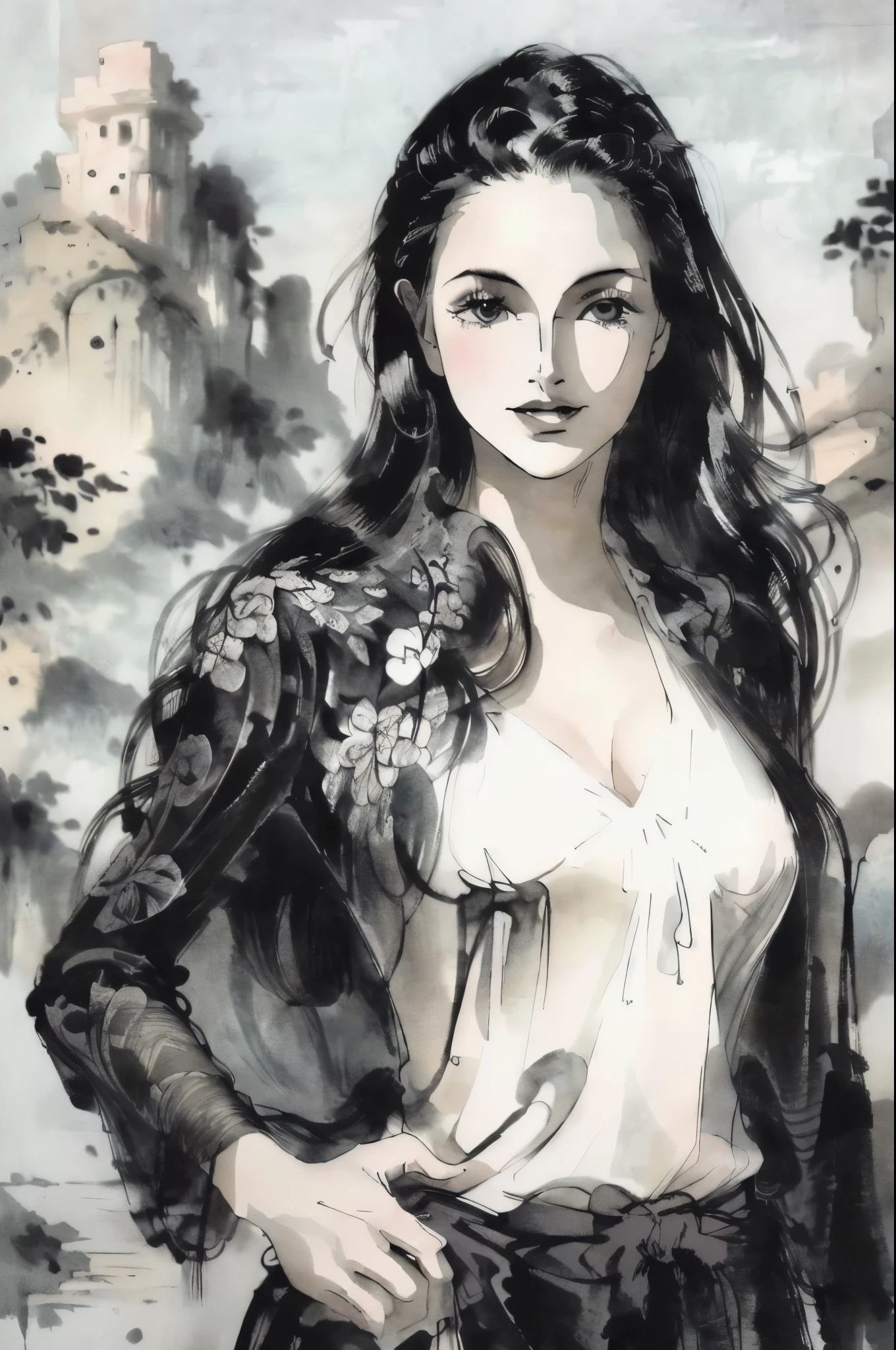 black and white tones:1.3, masterpiece, best quality, tradition chinese ink watercolor paintings:1.2, use thick and light inks to create light and dark changes and layers, a beautiful 20s french model, ultra detailed face
