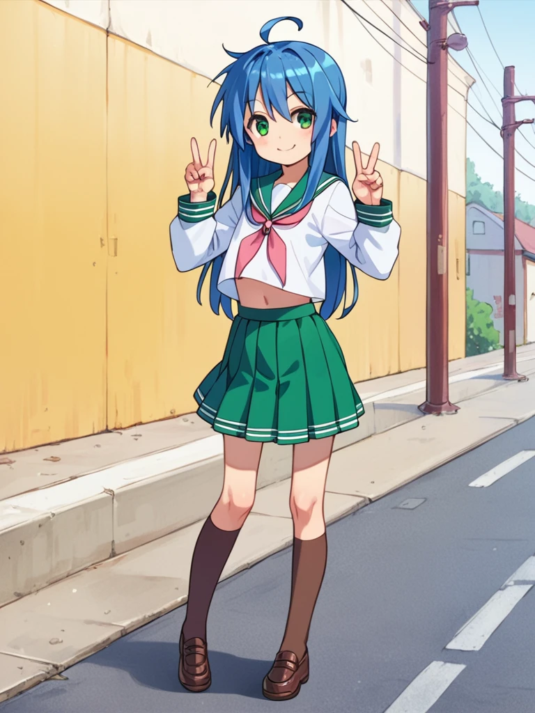 score_9, score_8_up, score_7_up, best quality, masterpiece, source_anime, photo, (natural skin, detailed skin:0.8), uncensored,
(child ,cute ,small girl:0.5), (colourful,Colouring in:1.0),skinny,
konata izumi, long hair, ahoge, green eyes, blue hair, skinny,
flat chest,
1girl,outdoors, serafuku, green miniskirt, green sailor collar, shoes, brown tighhighs,smile,
dynamic pose,v,
,