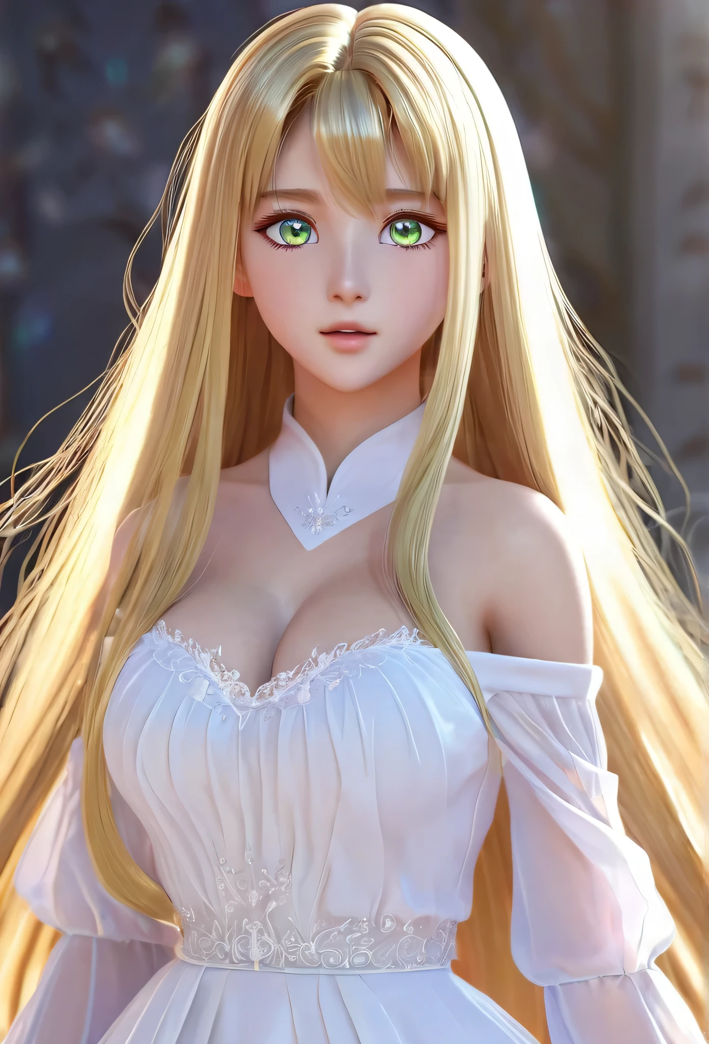 18-year-old female，Light golden long hair，Aurora colored eyes，Long eyelashes，Unbelievably huge breasts，((3D anime style))，White dress with a lot of exposure，