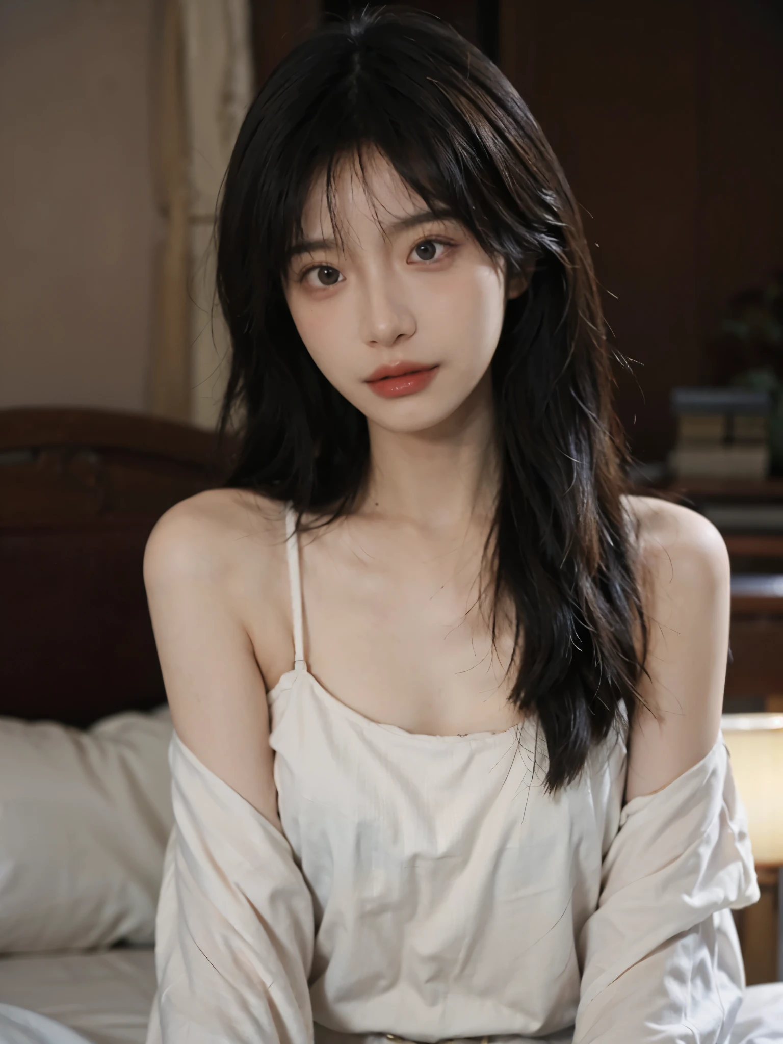 Film portrait photography, 1 girl, bare shoulders,lipstick,(flat chest:1.4), Shoulder length wavy hair, serene, calm, (Realistic and detailed eyes, natural skin texture, Realistic facial details), Soft dramatic lighting, depth of field, Bokeh, Vibrant details, detailed meticulous, hyper-realistic, 35mm film, hazy, ,