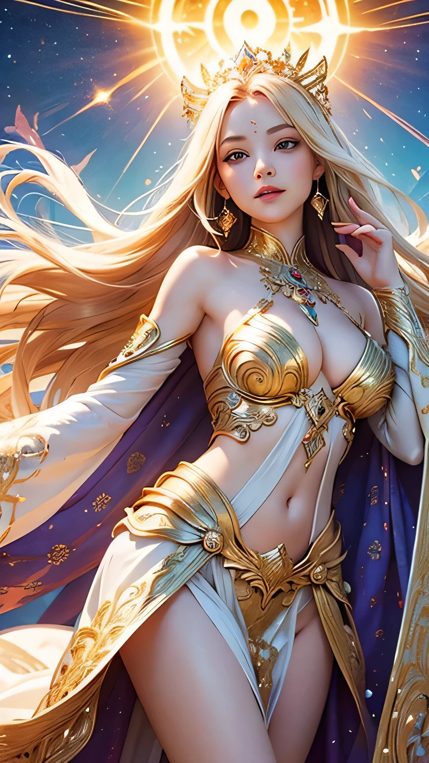 "Maiden of the Sun": Within a sacred sanctuary bathed in sunlight, depict the figure of a sun goddess, facing forward and emanating divine radiance, with golden hair, as she gazes towards us. Zoom in to focus on her face, with light orbs gleaming in her hands, representing the life-giving power of the sun. The background should be predominantly pink, evoking a sense of divine splendor. The setting is in heaven, enveloped in soft, bright light, where one can find tranquility and peace of mind, free from any trace of anxiety. Additionally, the light emanating from her hands should take the form of radiant hearts, resting gently on the palm of her hands.