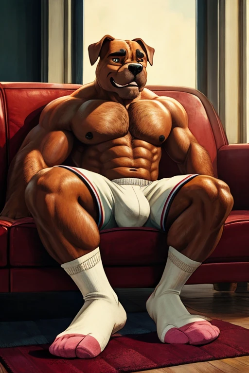 (male, anthropomorphic,smiling, muscled)[bulldog],[lays on the sofa],[sweaty, perspiring],[white sport socks],[raised high up and forwards],[focus on],[sweaty socks, paw pads],[paws][, sweat soles],[sweat],[masculinity vibes],[medium: photorealistic],[detailed fur],[sharp focus],[vivid colors],[realistic lighting],[warm color tone],[intense gaze],[relaxed expression],[modern leather sofa],[agility],[elegance],[strength],[wilderness]