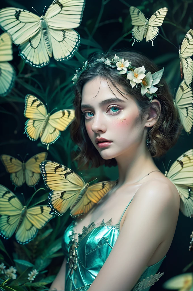 ( masterpiece, top quality, best quality,8k,17 years old girl,ultra detailed,raw photo:1.5),(photorealistic:1.4),(cinematic lighting), PerfectNwsjMajic, , Surrealism, UHD, ccurate, Super detail, textured skin, High detail, Best quality, dynamic angle, (high nose,White skin),[Beautiful blue eyes],[flat chest:large breasts:0.5],(1girl),(good anatomy:0.5)),with white butterfly wings and fluffy butterfly eyes and characters around flying in a chaotic universe and neon lights, Dreamy atmosphere,mystical ambiance, Artistic interpretation, a whimsical illustration, Subtle colors and tones, mystical aura,(portrait:1.5),The background is a fairy forest,magic
