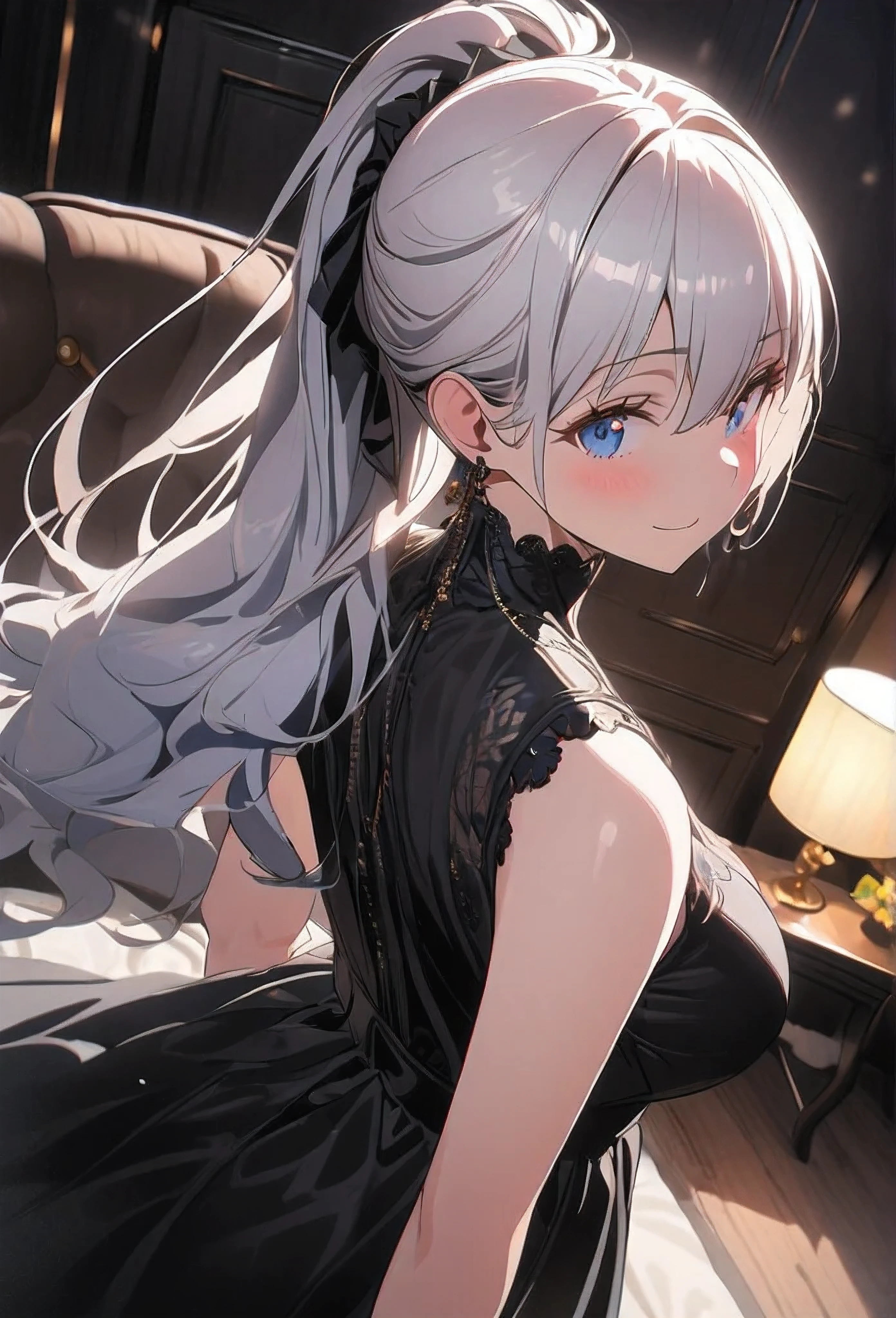 (((1 girl)),ray tracing,(dim lighting),[detailed background (living room)),((silver hair)),(silver hair)),((Fluffy silver hair, plump and slender girl)) with high ponytail))) Avoid golden eyes in the ominous living room, showing a delicate and slender figure and graceful curves, correct limbs, eye details, beautiful eyes, delicate eyes, blue eyes, wearing a royal black gown, smiling while being embarrassed,milf,slim body.
