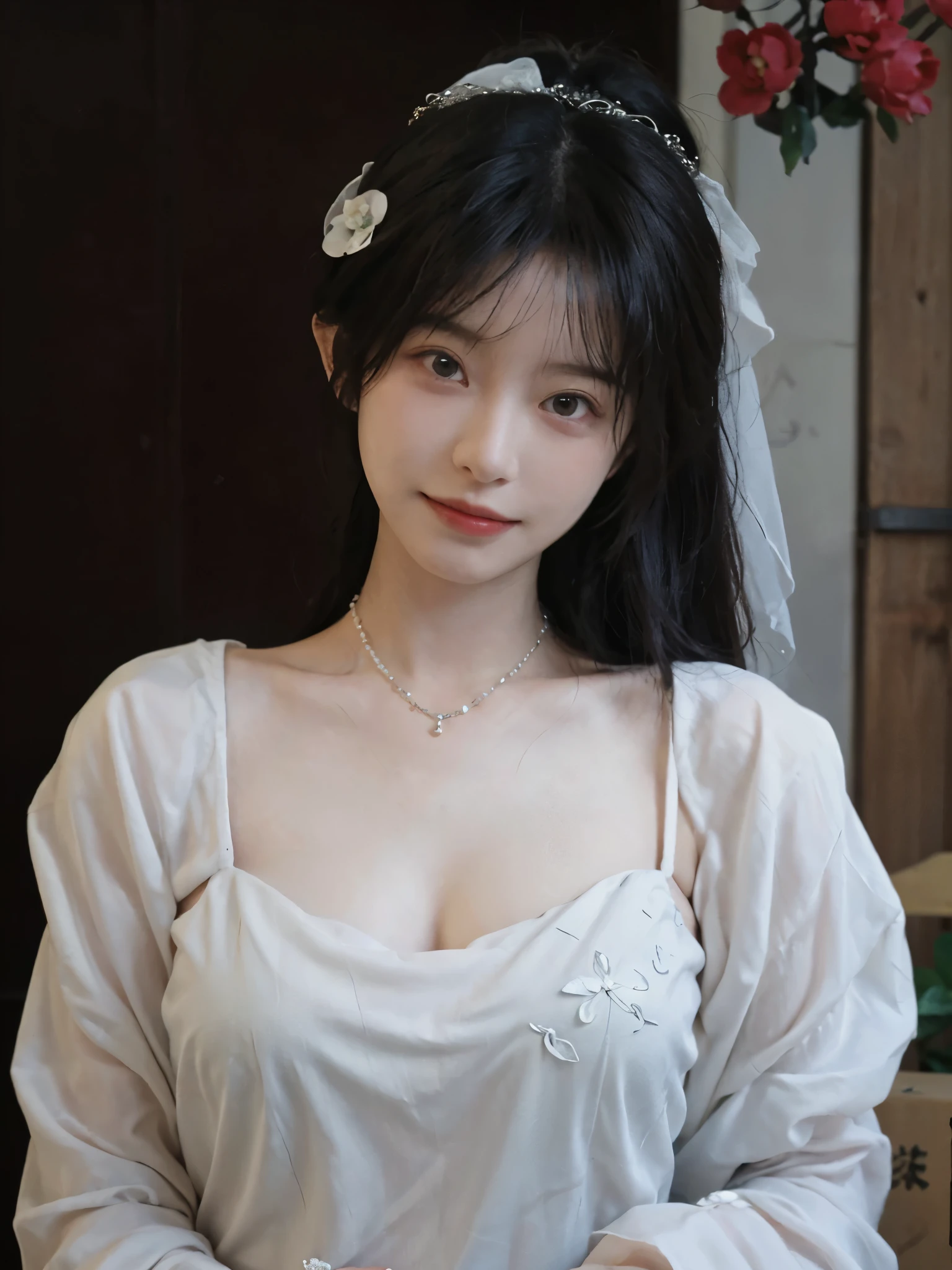 best qualtiy， Ultra-high resolution， （realisticlying：1.4），cute hairpin，Baoyu Girl，Stand in the wedding hall，Wearing a white wedding dress，（flatchest：1.2） ，A pair of clear and moving peach blossom eyes,Royal Sister，sunshine on face，Big wavy hairstyle，（choker necklace：1.2），（Fair skin：1.4），a sense of atmosphere，a beauty girl， ssmile，head straight-looking at viewer， closeup cleavage ，(Photorealistic:1.4),1girll,Sexy,(Upper body:1.4),(Wet body),(:1.2)