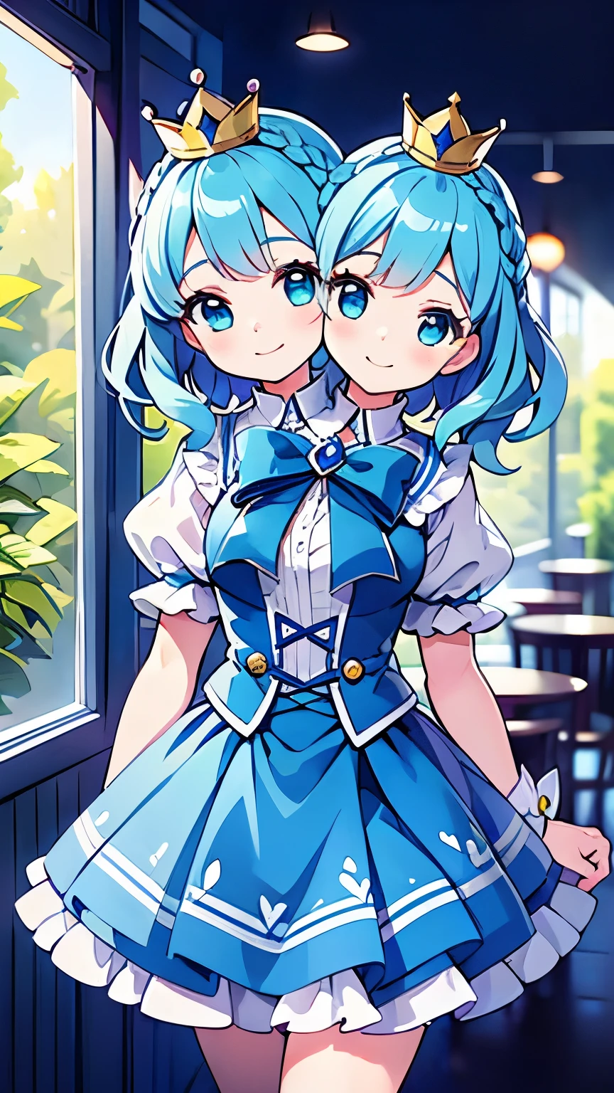 (best quality), (high quality), (detailed), (masterpiece), good artist, 1girl, (2heads:1.5), 1girl, smiling, wavy hair, cerulean blue hair, Aqua eyes, magical girl outfit, crown braid, frilly khaki skirt, a frilly button-down blouse, both heads having identical hair color, ((blue magical girl)), magical girl, gentle smile