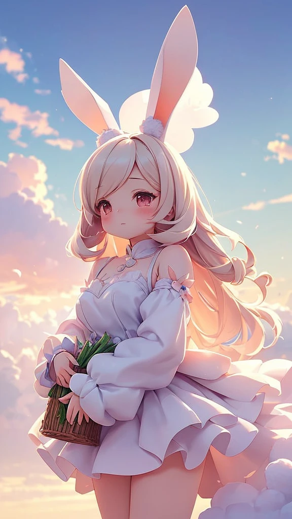 Bunny Morphing Girl, fluffy, soft ((highest quality)), ( Very detailed, Best details, Official Art, Beauty and aesthetics: 1.2), Depth of the written border, composition, whole body, (a bit), (Beautiful and detailed: 1.3), (wonderful:1), Colorful clouds blurred background,One girl,