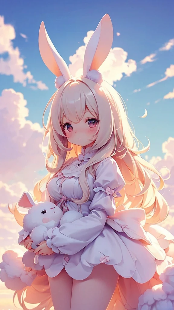 Bunny Morphing Girl, fluffy, soft ((highest quality)), ( Very detailed, Best details, Official Art, Beauty and aesthetics: 1.2), Depth of the written border, composition, whole body, (a bit), (Beautiful and detailed: 1.3), (wonderful:1), Colorful clouds blurred background,One girl,