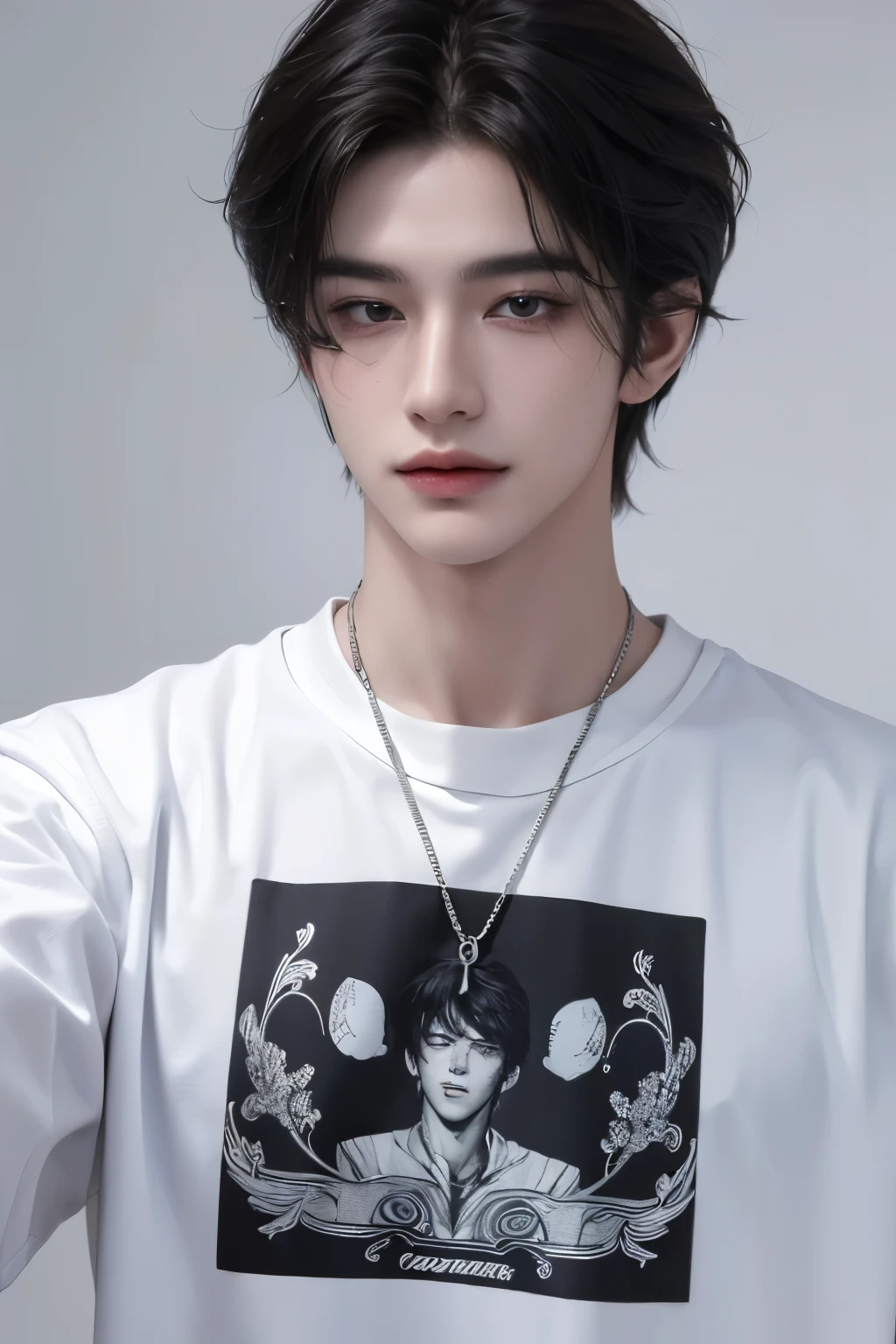 ((highest quality, 8K, masterpiece: 1.3)), Instagram selfie pictures、Room background、Handsome boy in street fashion:1.5, 17-year-old、Delinquent boy、 well-groomed face, black hair color、thin face、(white skin:1.5)、whole body、(beckoning:2.0)、dark eyes、Super handsome、sexy eyes、Extra-fine face, handsome nose, small eyes and face, beautiful lighting, High resolution, detailed mouth, smile, whole body: 1.5, perfect body shape、super slim,medium hair、STUSSY clothes、silver accessories、Oversized clothes、