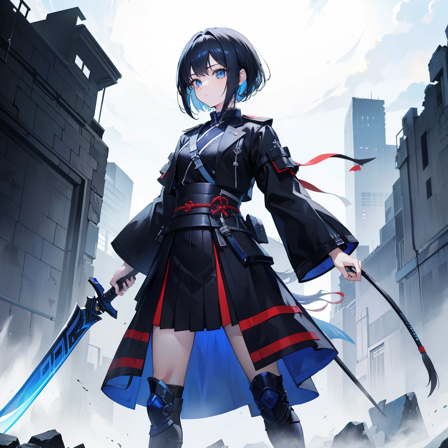 (Tabletop, highest quality), (Perfect athletic body:1.2),,blue eyes、Black Hair、the inside of the hair is blue、Bobcut、Very detailed, Anime Style, whole body, Holding a long blue great sword, Ruins, Wear tech boots, 8K High Resolution, Trend Art Station, White Background, Standing in the Wilderness, whole body,Dressed in a black jacket、The Woman of Arafed,A very beautiful samurai