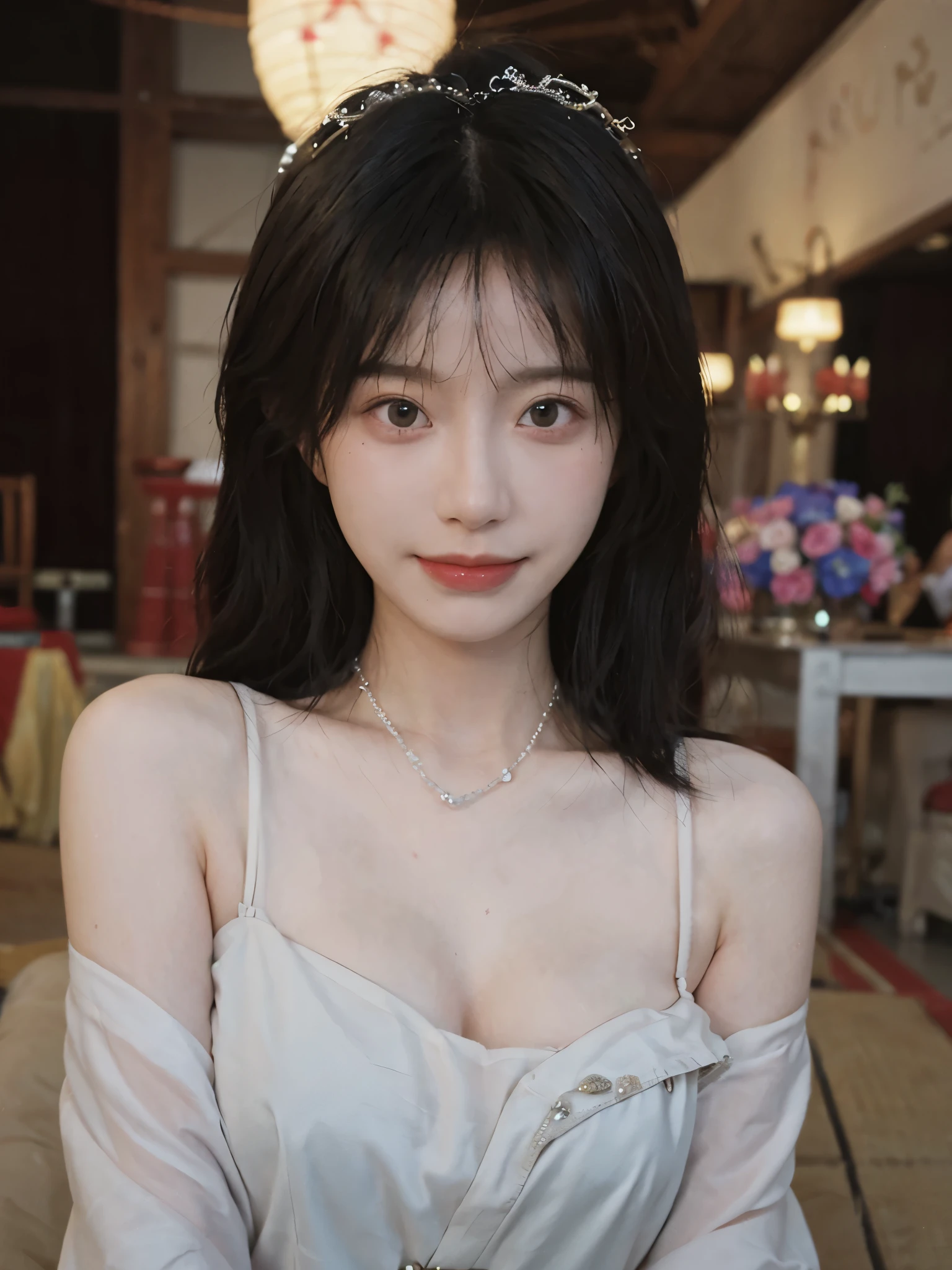 best qualtiy， Ultra-high resolution， （realisticlying：1.4），cute hairpin，Baoyu Girl，Stand in the wedding hall，Wearing a white wedding dress，（flatchest：1.2） ，A pair of clear and moving peach blossom eyes,Royal Sister，sunshine on face，Big wavy hairstyle，（choker necklace：1.2），（Fair skin：1.4），a sense of atmosphere，a beauty girl， ssmile，head straight-looking at viewer， closeup cleavage ，(Photorealistic:1.4),1girll,Sexy,(Upper body:1.4),(Wet body),(:1.2)