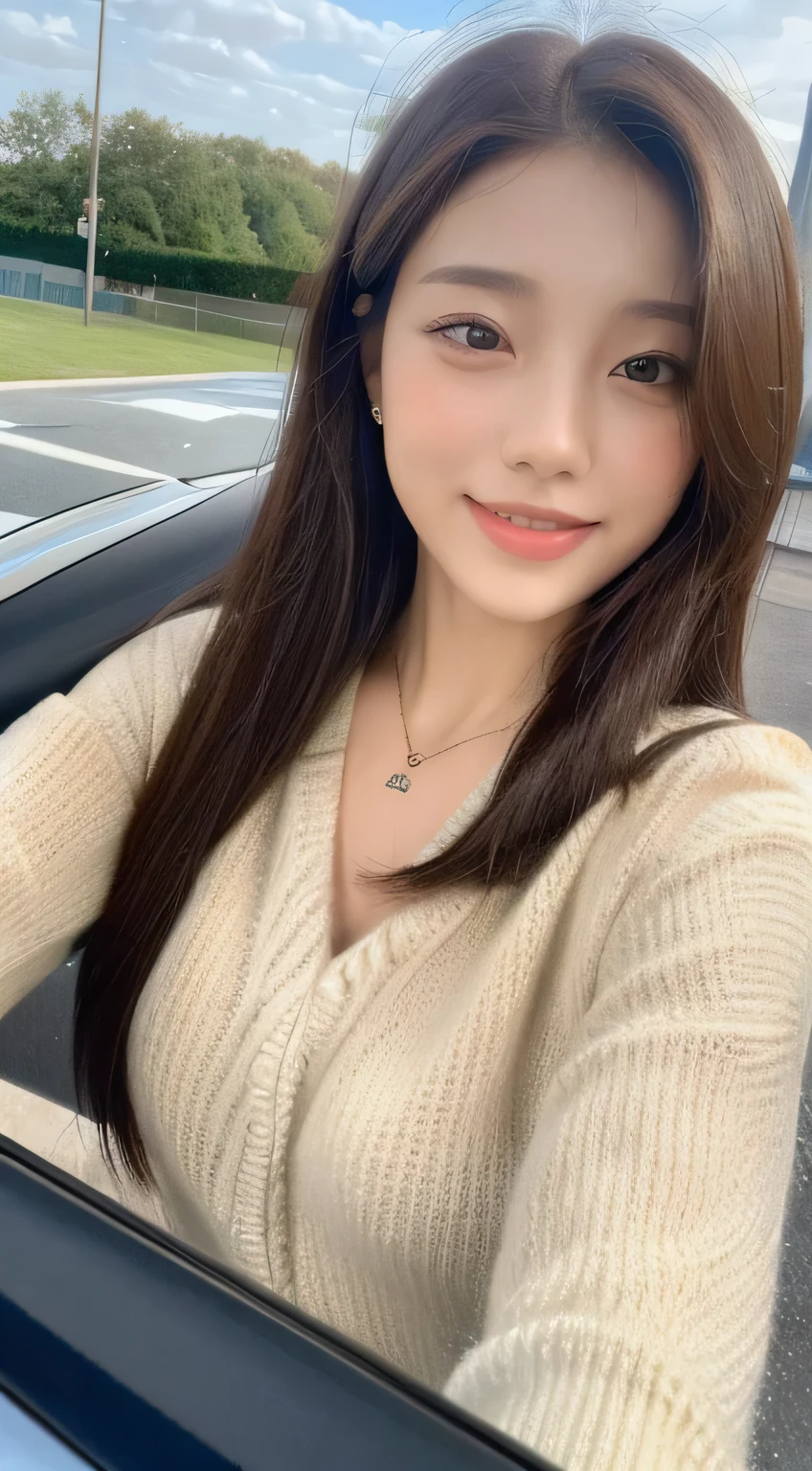 ((best quality, 8k, Masterpiece:1.3)), Point of interest:1.2, perfect body beauty:1.4, bottom:1.2, ((delicate hair)), (Sweater set:1.1) , (sports car, road: 1.2), Highly detailed facial and skin textures, Detailed eyes, Double eyelids, White and clear skin, big breasts, smile, wearing a necklace, ring, A person sitting in a car with the bottom raised,