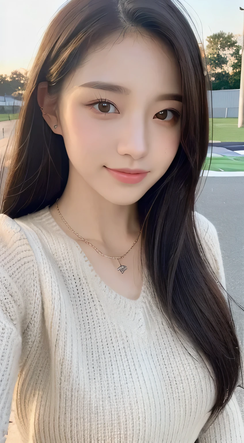 ((best quality, 8k, Masterpiece:1.3)), Point of interest:1.2, perfect body beauty:1.4, bottom:1.2, ((delicate hair)), (Sweater set:1.1) , (sports car, road: 1.2), Highly detailed facial and skin textures, Detailed eyes, Double eyelids, White and clear skin, big breasts, smile, wearing a necklace, ring, A person sitting in a car with the bottom raised,