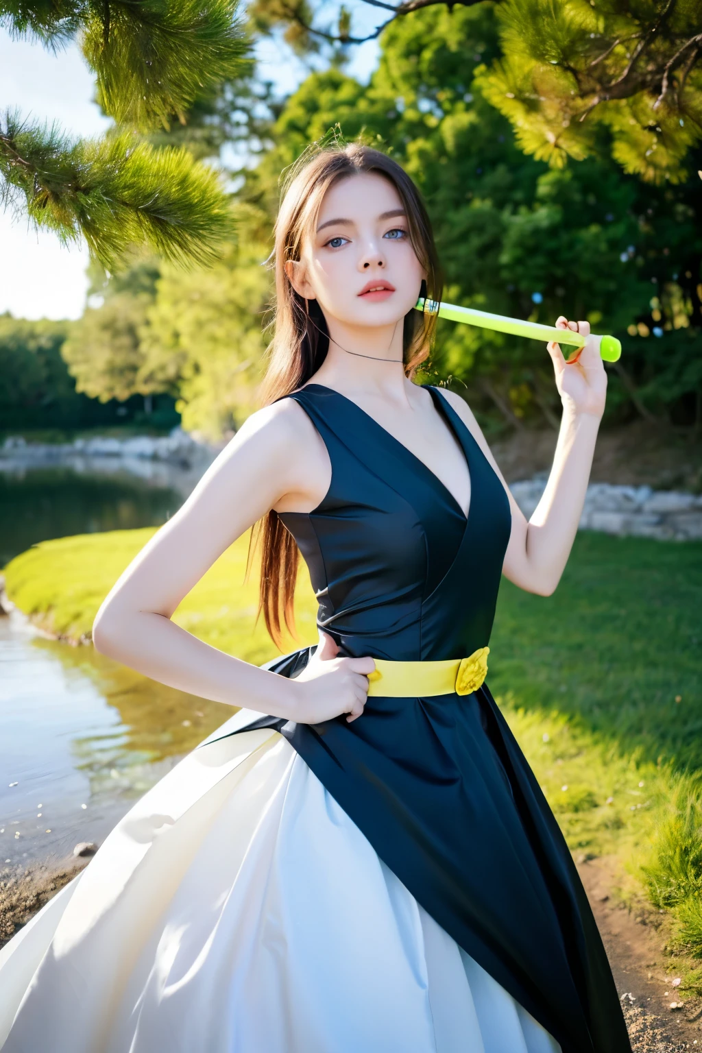 ((best quality)), ((masterpiece)), (detailed), perfect face A sexy woman is standing near the river, blue eyes, wearing black white gown and holding a green and yellow sword. The scene appears to be in aurora light, with the individual being the main focus of the image