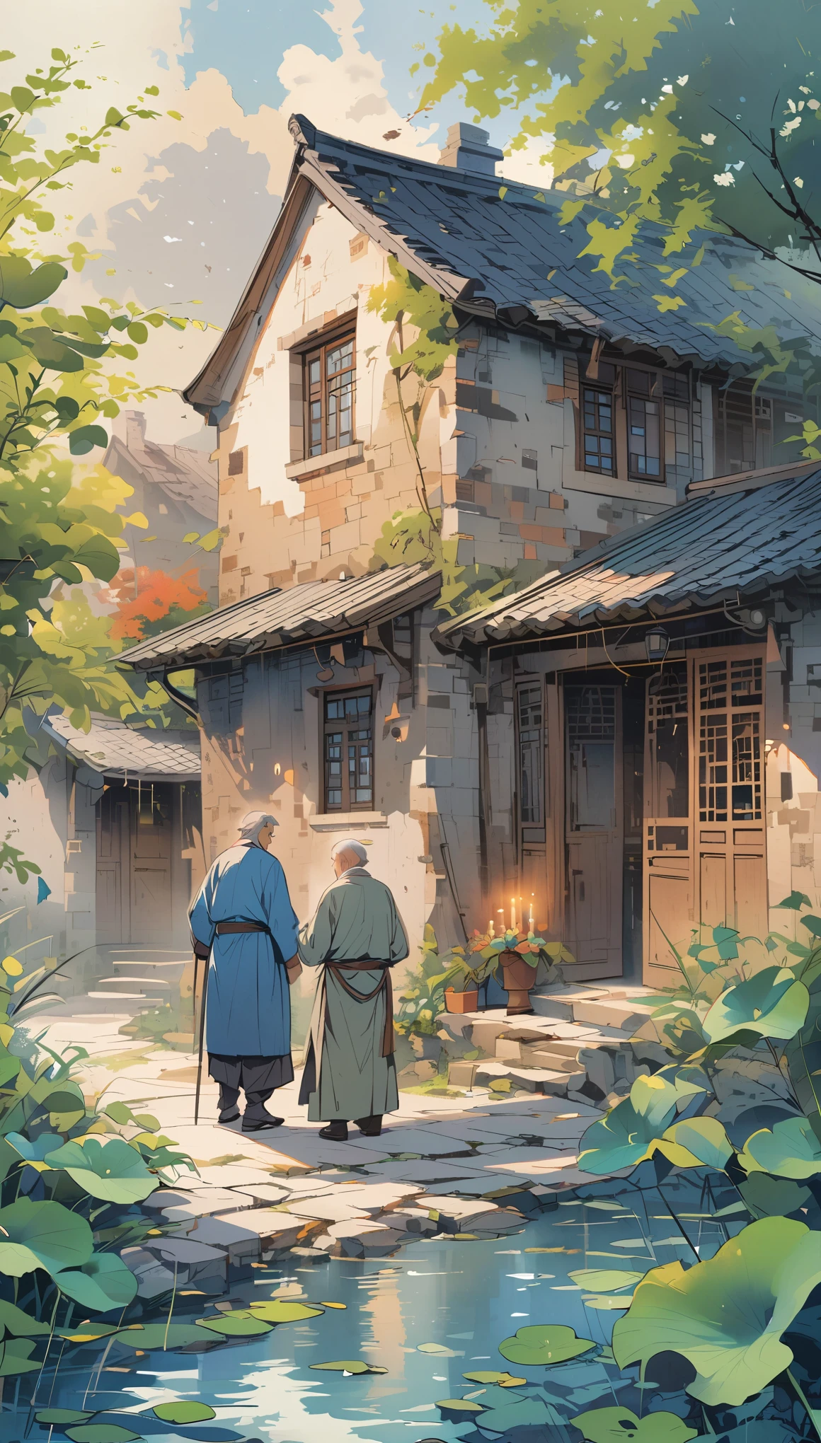 night,In the house,Old man holding a candle,Blue clothes,An old man in gray clothes stood next to him.
