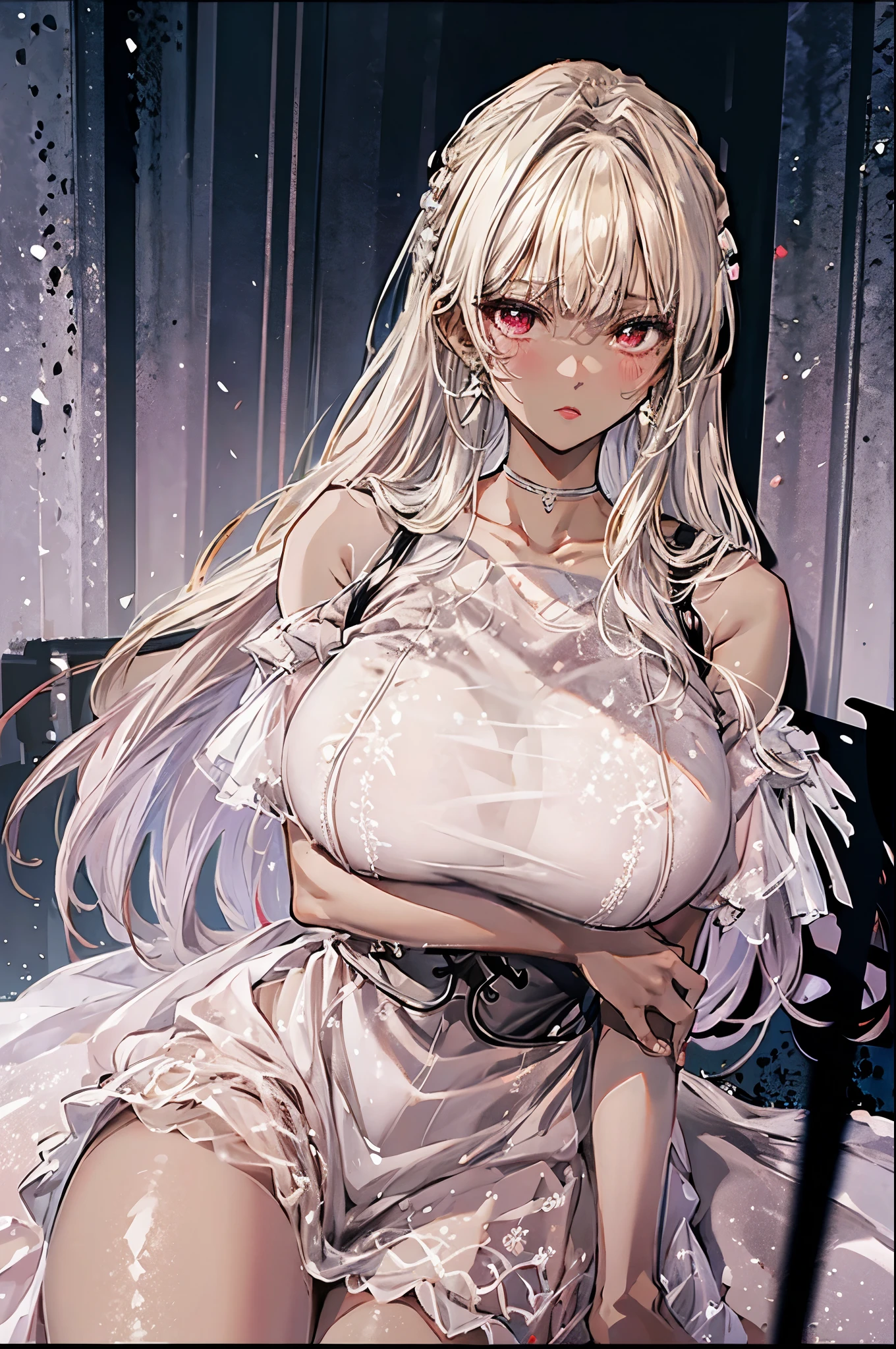 (masterpiece:1.2、highest quality、Tmasterpiece)、1 female、alone、classroom、Day、Are standing、blonde、ponytail、Red eyes、break、(dress:1.4)、(Dark Skin:1.4)、Big Breasts、(Grab the arm from behind:1.2)、tie、corset、Hoop Earrings、lipstick、Very sweaty、Ring Choker、Scrunchie、blush、Covered breasts、Bangs braids、(Thick lips:1.2)