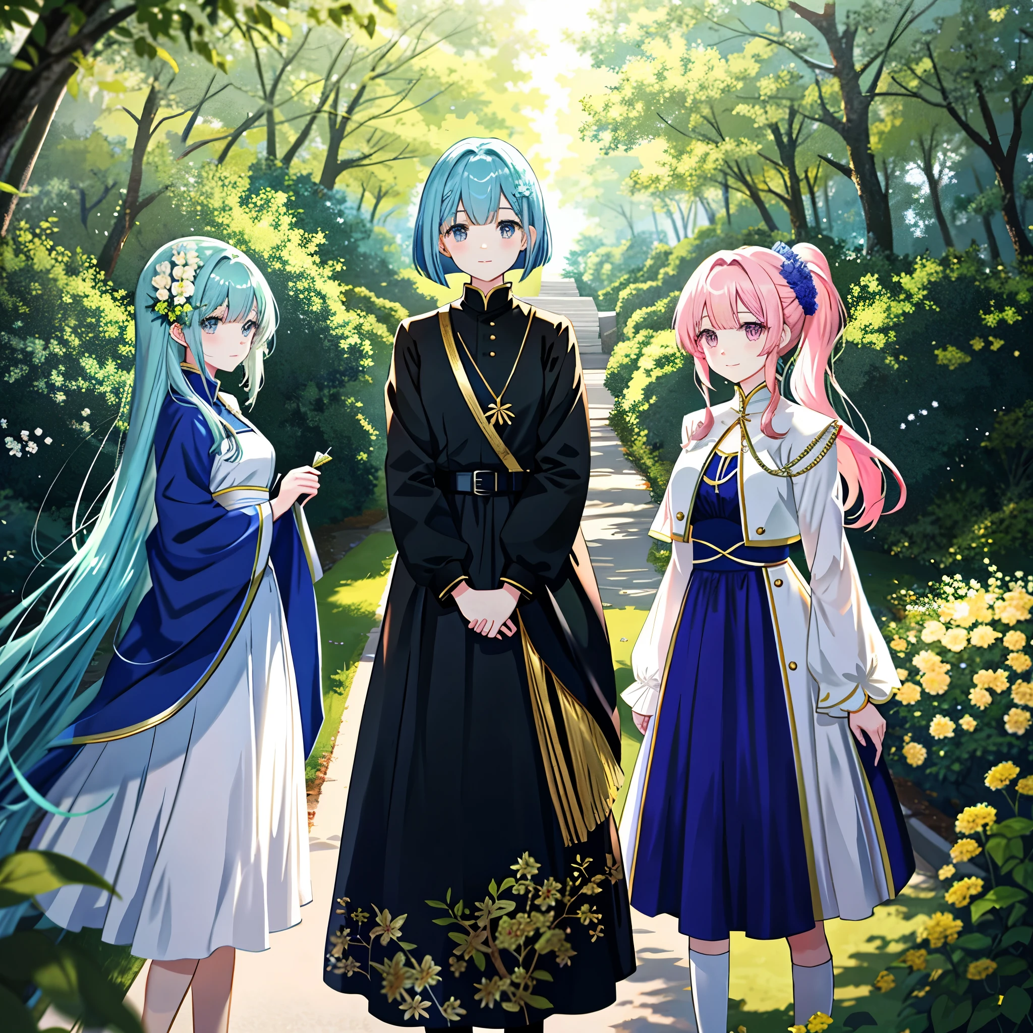 - **Theme**: A joint wedding ceremony involving three sisters.
- **Worldview**: A world where anime and manga merge, blurring the boundaries between reality and fantasy.
- **Characters**: Three women with slim and elegant figures. They have natural skin tones.
- **Costumes**: Each is wearing a formal dress in pink, white, and blue respectively.
- **Hairstyles**: A combination of long hair, ponytail, and bob cut. The main color is gold, with a slight gradient of blue and green added.
- **Props**: Bouquets mainly containing pink roses.
- **Emotions**: Expressing feelings of happiness and blessing.
- **Movements**: Standing and facing forward.
- **Perspective**: Viewed from the front.
- **Composition**: The individuals are placed in the center of the image.
- **Background**: Outdoors, with sunlight filtering through the trees. Mainly green and yellow tones.
- **Lighting**: Shot under natural light, with sunlight filtering through the trees.
- **Style**: High-resolution official artwork, or very detailed and intricate fan art style trending on ArtStation or Pixiv. Please refer to the original paintings of Kusahart Krentz, feminine style, Fate style, Enako style, Nozomi Sasaki style. Incorporate real anime 2.5D style or real anime girls style.
- **Quality Improvement**: Aim for absurd, highest quality, real, hyperreal, ultra-detailed illustrations using the golden ratio 1.2 and drafting board 1.3. Create a beautiful masterpiece with a large file size created in 64K ultra-high resolution. The resolution of the face is also high, and the lighting is perfectly finished. The resolution is 8K, ultra-high resolution: 1.2, selectable high resolution (HD, 4K, 8K, 16K, etc.). The color bit depth is 24 bits, 48 bits.
- **Reference Style**:「anime 2D style like this work or this work or this work」https://d.kuku.lu/xgtr547pc