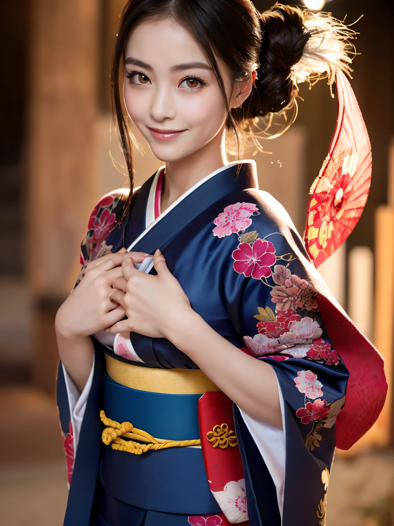 (sfw:1.5)、(RAW shot: 1.5, Realistic: 1.5, 8k, highest quality, masterpiece, Ultra-high resolution), Japan, Mysterious light in the darkness: 1.3, Skin and face texture: 1.3, cute slim woman, Sexy beauty, Perfect Style, Beautiful Skin, Very beautiful face, (A shy smile, Facial expressions when feeling happy), (wear Kimono: 1.1), (Close-up shot, Full Body Tattoo, night, Fascinating Light)、(Anatomically correct)、(Perfect body proportions)、(Natural Hands、Natural Fingers)、(Breast Goddess, ((Round face)), Realistic Eye Size, Big Eyes、Droopy eyes