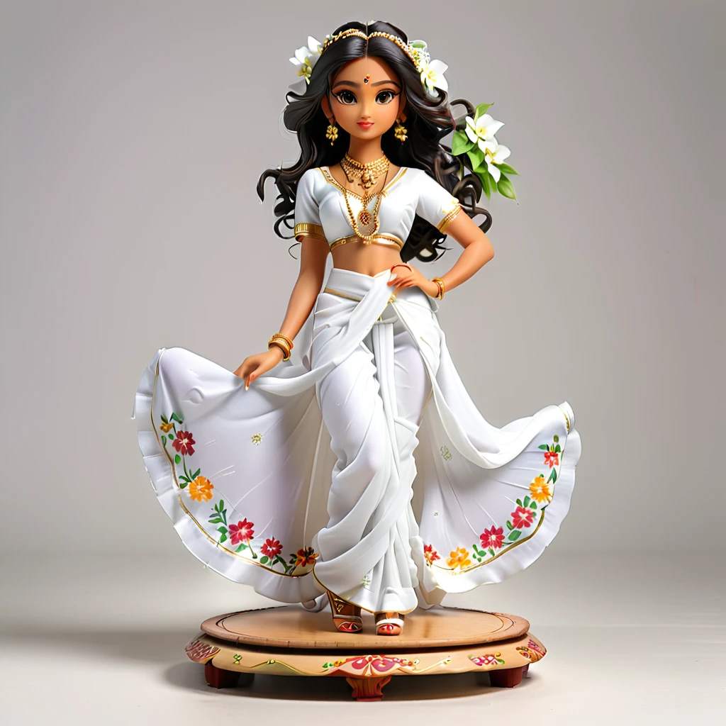 (Blind Box Spielzeug Stil:1.2), full body, solo, white background, (Beautiful Indian Models ,Stand on a round wooden base, white Jasmine Saree, high heels), (Oriental elements, Chinese color, Very colorful),3D