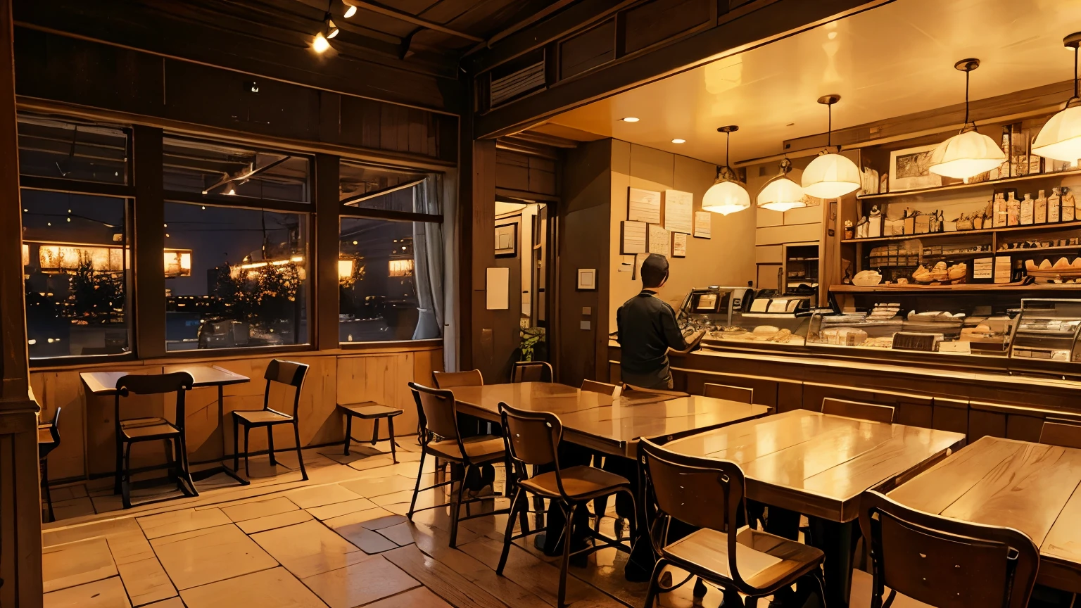A stylish cafe interior at night
