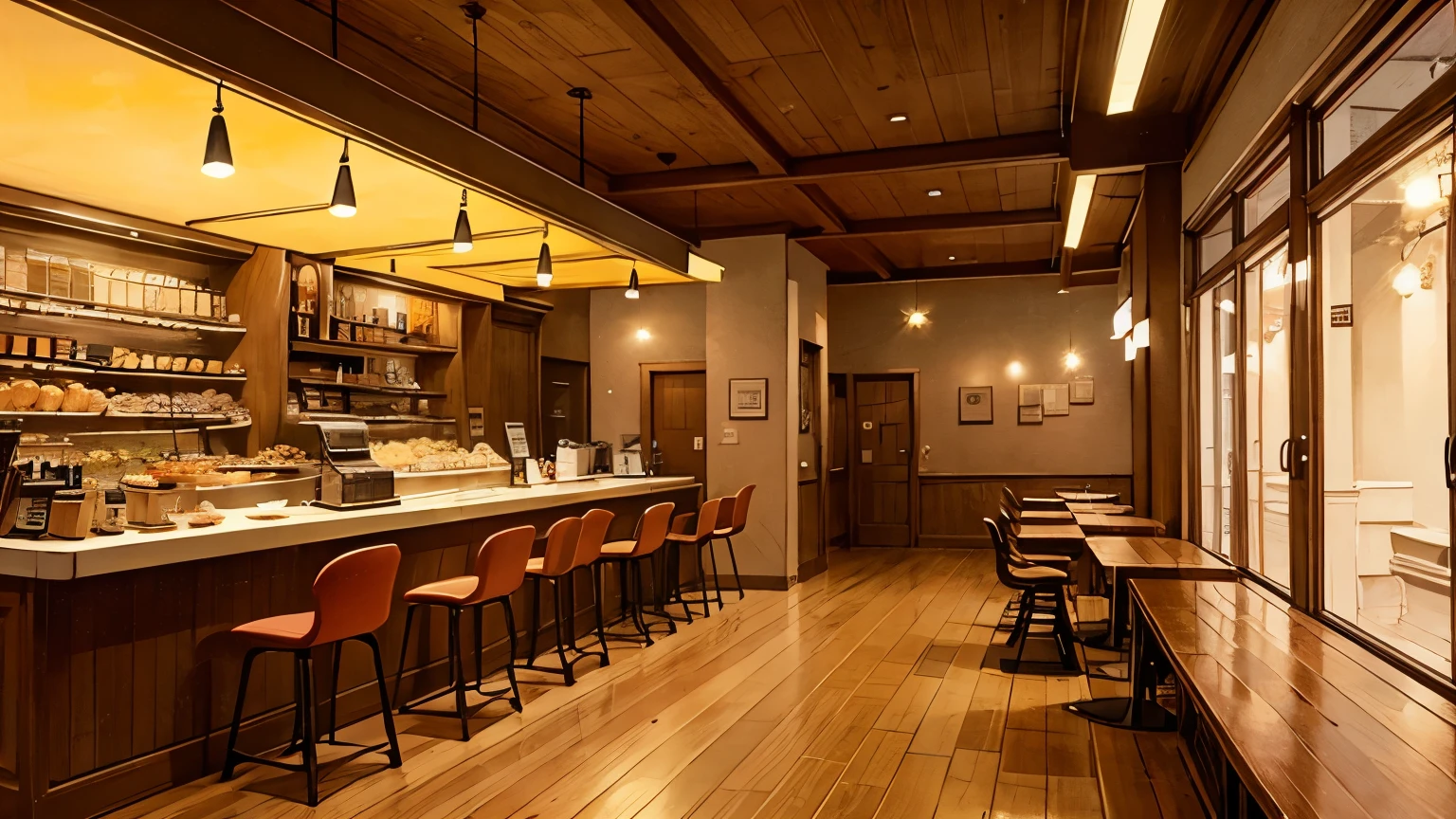 A stylish cafe interior at night