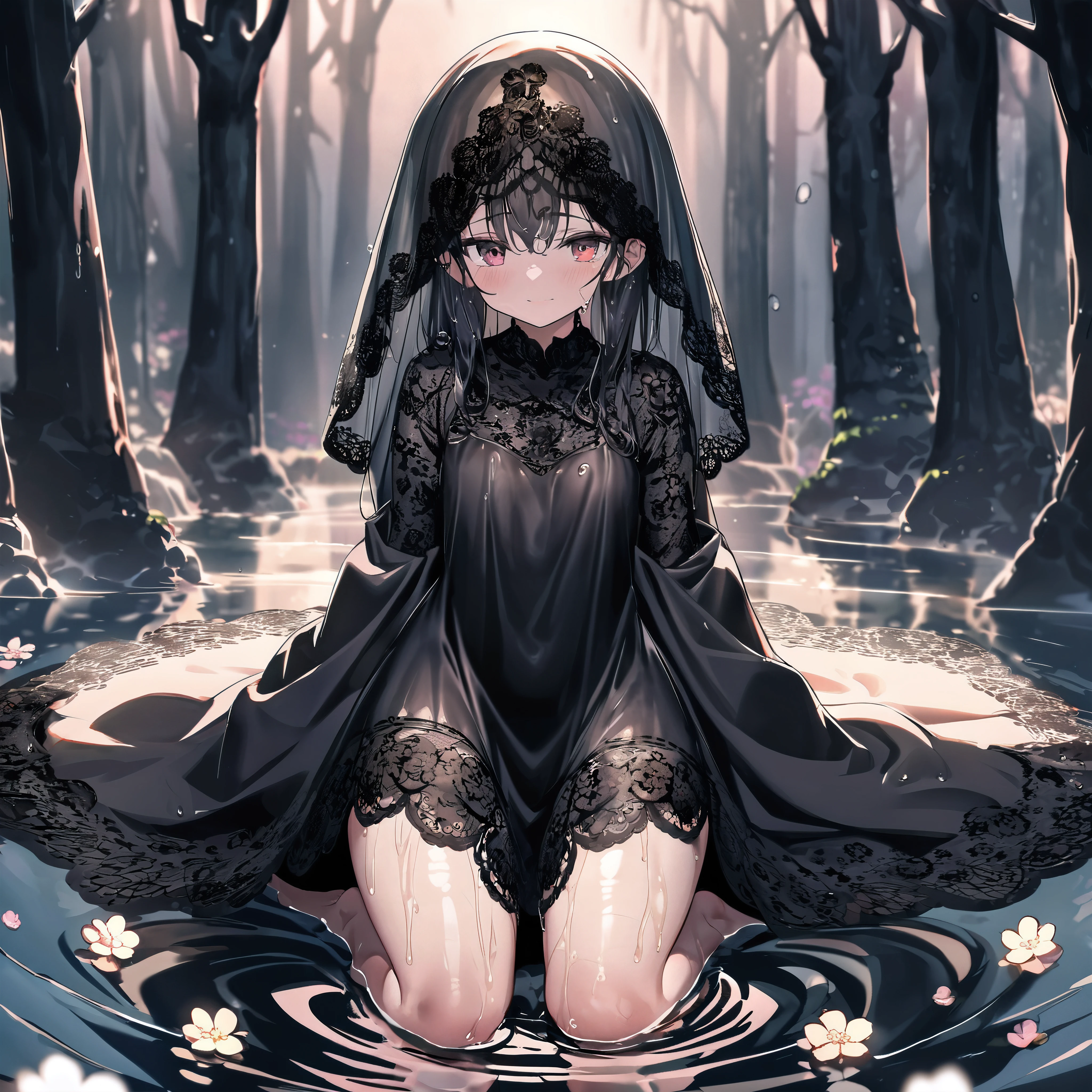 (Dramatic angle), (very young little girl was dressed in a (very large black silk dress and lace black veil), with a black veil over her head, she have a beautiful appearance, her slender and beautiful figure), best wrinkle, (smille to viewer), (wet, wet body, wet hair, wet skin, very wet dress, reflection on the wet dress, delicate blossom embroidery, subtle water droplets:1.15), (water spray:1.1), (best dress wrinkle, Transparent mucus wrapping:1.1),(bare feet), little girl was surrounded and boarded the Seven Treasure Incense Car, slowly driving towards the underworld, The sky became increasingly dim, and the evening breeze blew through the trees, leaving a desolate scene, The sound of festive music in her ears was like a funeral song, and the long road seemed to lead to the underworld