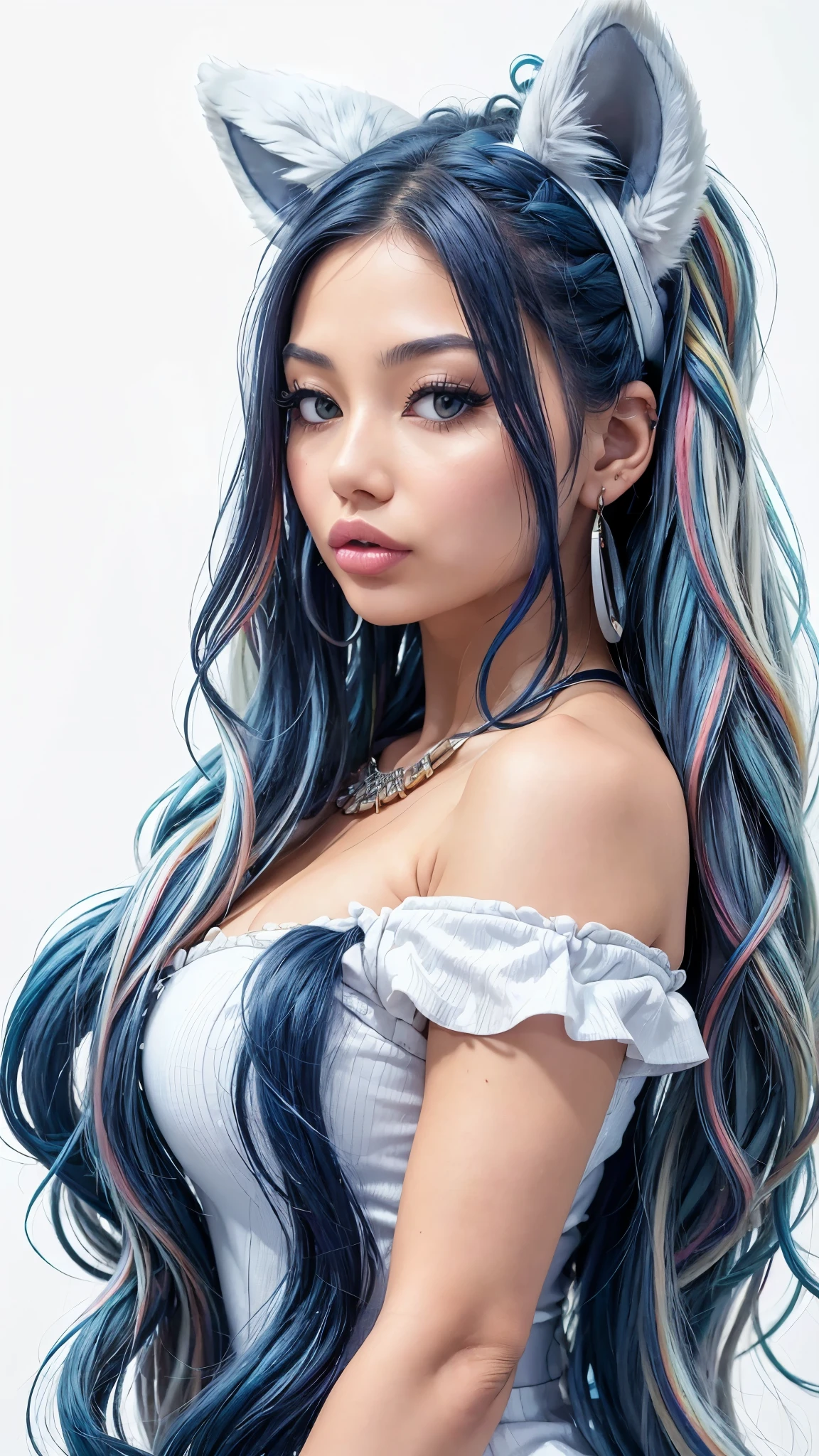 Masterpiece, Best Quality, High Resolution, (White Background: 1.4), [Glitter], [Looking at the Viewer, Portrait, 1 Sweet Chinese Girl], (Long Hair, Blue Hair, Wavy Curls, Multicolored Twisted Big Braid: 1.3, Furry Fox Ears, Air Bangs), White Off-the-Shoulder Short Sleeves, Delicate Facial Features, Pink Lips, Earrings, Necklace