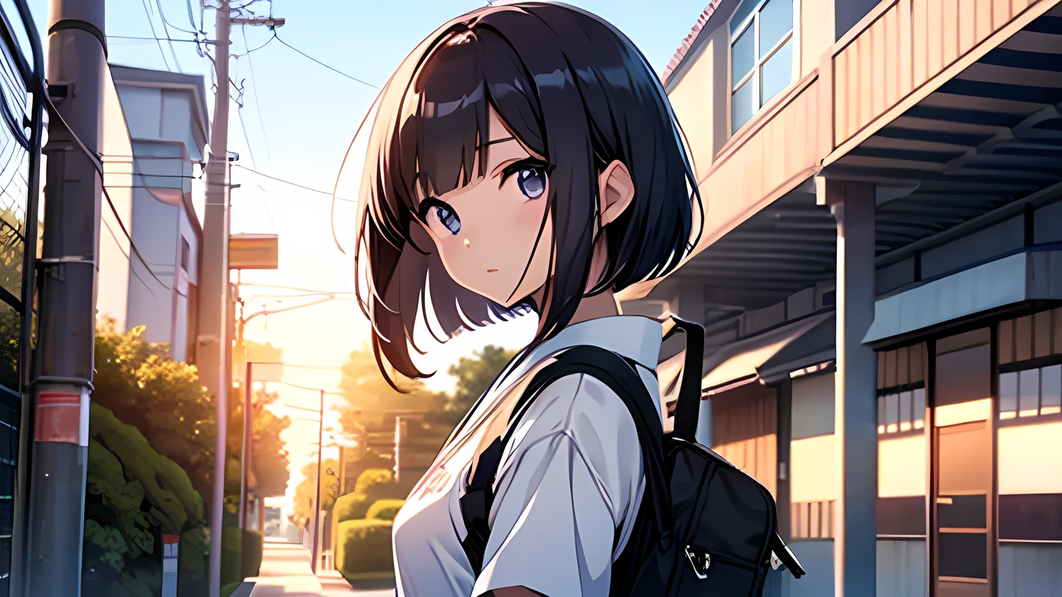 high school girl、Short Bob、uniform、after school、School zone、early summer、Japanese anime style