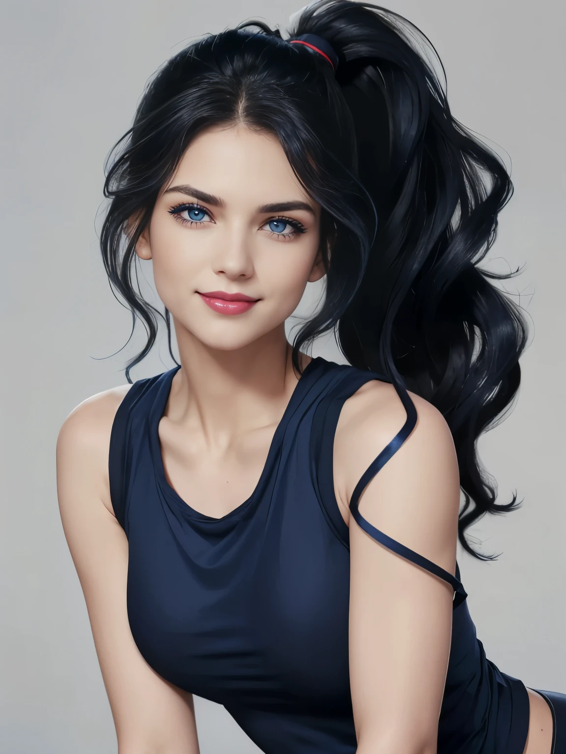 Caucasian woman, blue-black hair, wavy hair, long hair, hair in a ponytail, blue eyes, lined eyes, shiny eyes, highlights blue eyes, red lipstick, makeup, smile, (athletic body), (medium breasts), nipples, (((navy blue top))), Low-cut top, Front shot.