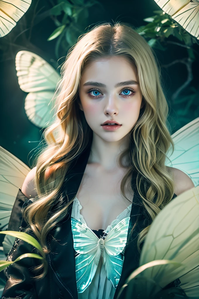 ( masterpiece, top quality, best quality,8k,17 years old girl,ultra detailed,raw photo:1.5),(photorealistic:1.4),(cinematic lighting), PerfectNwsjMajic, , Surrealism, UHD, ccurate, Super detail, textured skin, High detail, Best quality, dynamic angle, (high nose,White skin),[Beautiful blue eyes],[flat chest:large breasts:0.5],(1girl),(good anatomy:0.5)),with white butterfly wings and fluffy butterfly eyes and characters around flying in a chaotic universe and neon lights, Dreamy atmosphere,mystical aura, The background is a fairy forest,magic, dark blonde hair
