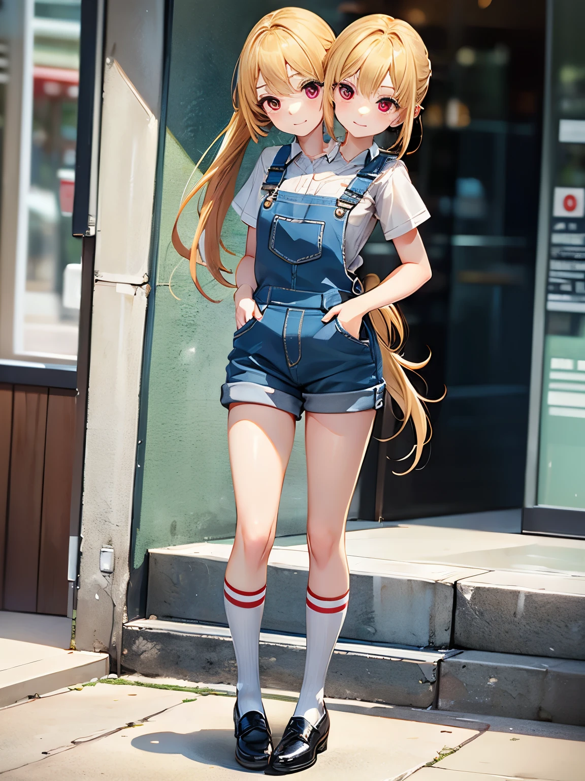 best quality, (masterpiece),(ultra-detailed), (high quality), (high resolution), (2heads:1.5), shoes with long socks, blue overalls, white shirt with red stripes, ponytail, blonde hair, ((petite figure)), standing up, full body, short girl,