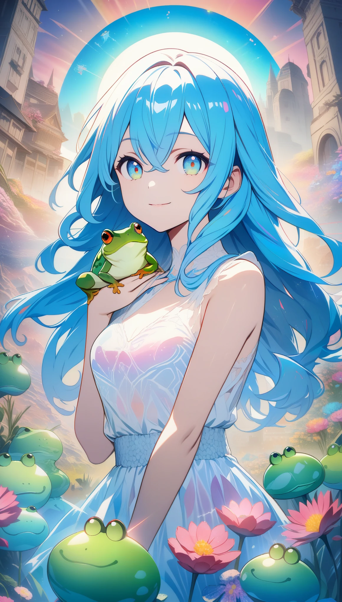 32k, best quality, ultra high res, HDR, UHD, extremely detailed CG, unity 32k wallpaper, **Japanese anime, A picture that looks like it was drawn with Copics,crystal style, crystal clear, woman with frog, under the blue moon, it was meticulously written, picture with elaborate writing, cute woman over smile,Flower, bold and strong line drawing, vivid acrylic painting, vivid thick paint, vivid, plain background, beautiful proof, highest resolution 16K, beautiful anime woman that is betrayeded by a frog, hair is short,  Beautiful lightcyan high lights in her beautiful kind eyes, background is twinkle,Beautiful woman with a loose airy bright colorful hair with diamond high lights,Transparent dress, ,thick aquarelle colors,colorful,honeydew and diamond, lightcyan and white and light Effects,wallpaper,architecture,High quality, high image quality, great amount of drawing,pixiv illustration, transparency, Japanese anime,upper body,white tone, delicate brushwork,distinct color, 