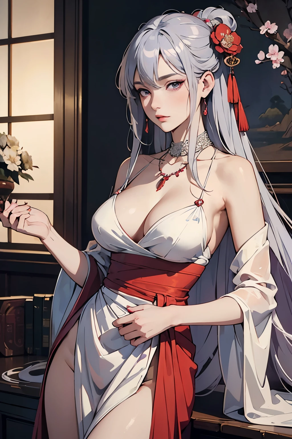 High resolution, masterpiece, mysterious light, ukiyo-e, colorful, long straight hair with silver hair and light purple mesh, beautiful and beautiful hair, mature woman in seamless dress, detailed dress design, elegance, super detail, 8k, realistic Digital art, 32k, ultra-high definition, fantasy artwork, award-winning, highly detailed face, looking at the viewer, ultra-detailed, artistically acclaimed, pale red novelty dress, slit to the waist, neckline Expensive necklaces, detailed eyes, detailed beautiful faces, playful expressions,