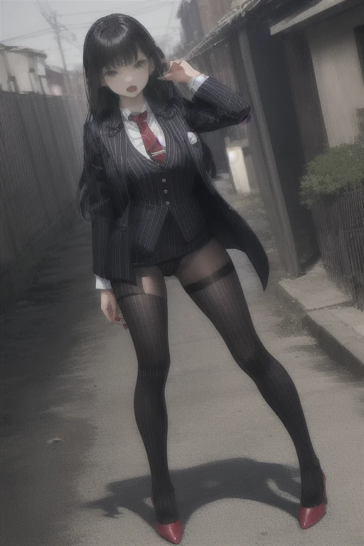 Set Skirt Pleated Short Skirt,Exposing your thighs。 Possession of a pistol, On alert, Ready for battle, Deserted Village, One girl, compensate, Silky Hair, Fully clothed, Skirt Suit, スーツとtie, (((Three-piece suit))), silk dress shirt, シャツとtie, tie, ((blazer)), ((Suit jacket)) ((No vest)), Bodycon mini skirt, pantyhose, tights, stockings, ((Red lipstick)), ((Pinstripe suit)), High heels, belt, tieピン, Pocket Chief, Tailored Suits、Black panties are visible、
