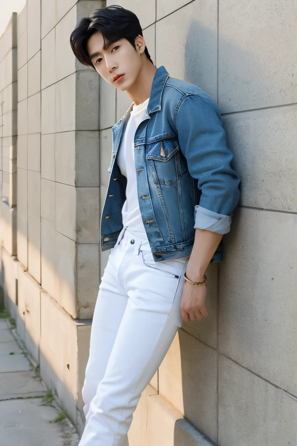 Alafed male model in white jeans and denim jacket leaning against wall, Korean Male, Jinyoung Shin, korean muscle boy 2 1 , model with attractive body, Cai Xukun's, taejune kim, male model, siwoo kim, inspired by Joong Keun Lee, Hyuntae, inspired by jeonseok lee, sun-hyuk kim, with abs