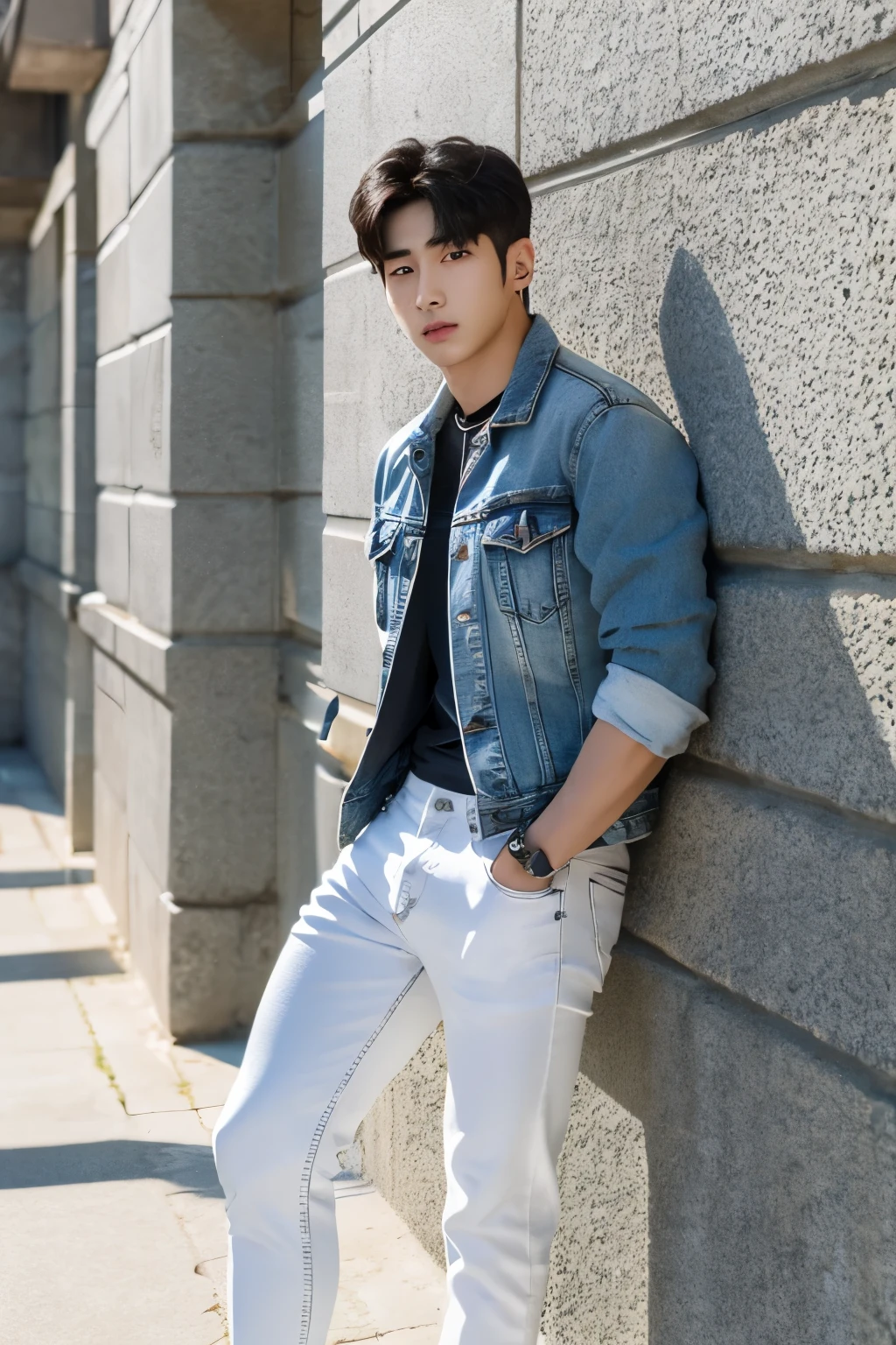 Alafed male model in white jeans and denim jacket leaning against wall, Korean Male, Jinyoung Shin, korean muscle boy 2 1 years old, model with attractive body, Cai Xukun's, taejune kim, male model, siwoo kim, inspired by Joong Keun Lee, Hyuntae, inspired by jeonseok lee, sun-hyuk kim, with abs
