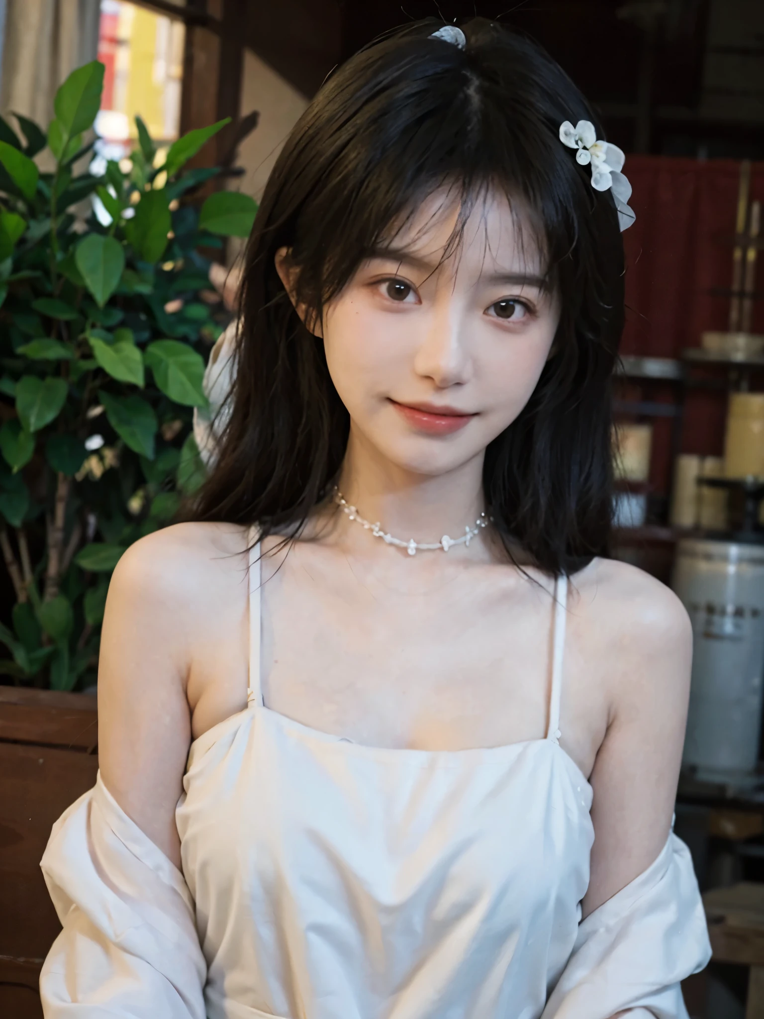 best qualtiy, Ultra-high resolution, (realisticlying:1.4),cute hairpin,Baoyu Girl,Stand in the wedding hall,Wearing a white wedding dress,(flatchest:1.2) ,A pair of clear and moving peach blossom eyes,Royal Sister,sunshine on face,Big wavy hairstyle,(choker necklace:1.2),(Fair skin:1.4),a sense of atmosphere,a beauty girl, ssmile,head straight-looking at viewer, closeup cleavage ,(Photorealistic:1.4),1girll,Sexy,(Upper body:1.4),(Wet body),(:1.2)