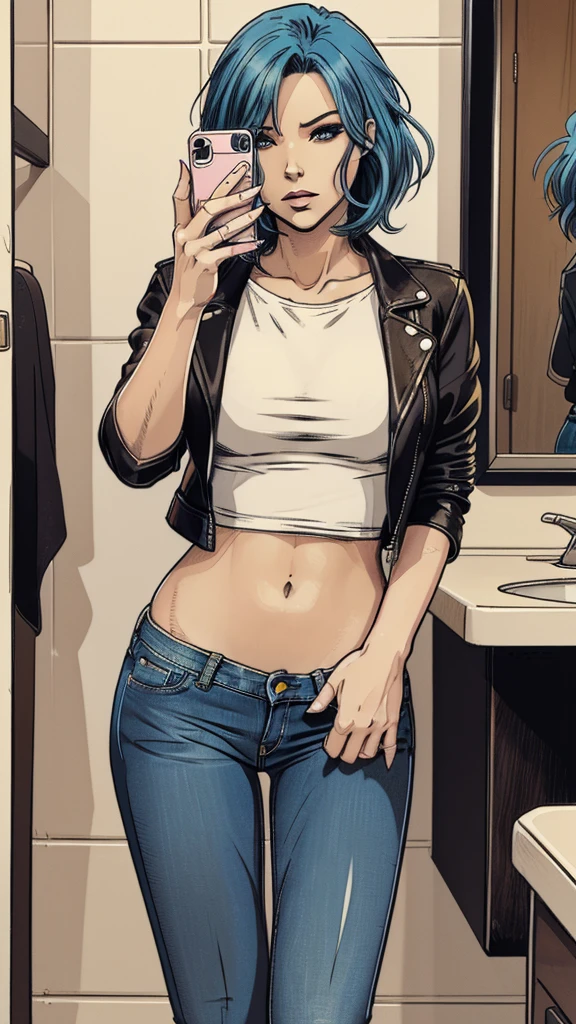 vector image, 2d cartoon,masterpiece, An anime woman,colored hair, provocative makeup,tight jeans, heels, helpless horny pose, leather jacket, t-shirt, taking selfie, in restroom