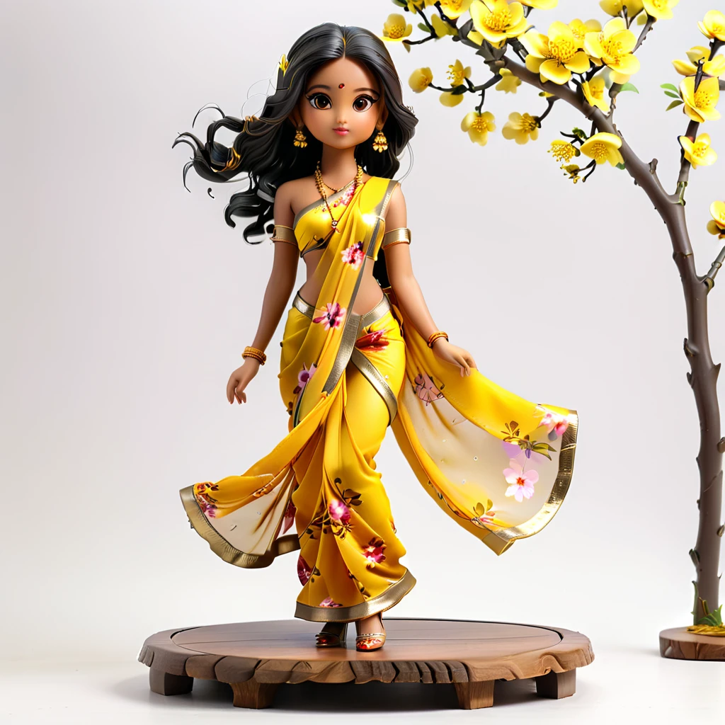 (Blind Box Spielzeug Stil:1.2), full body, solo, white background,(Beautiful Indian girl Models, Stand on a round wooden base, yellow Plum Blossom Saree, high heels) ,(Oriental elements, Indian color, Very colorful), 3D