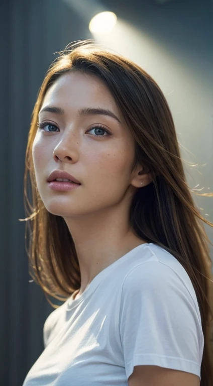 Dressed, (photo Realistic:1.4), (hyper Realistic:1.4), (Realistic:1.3), (Smoother lighting:1.05), (Improving the lighting quality of movies:0.9), 32k, One girl,20 year old girl, Realistic lighting, Backlight, Light on the face, Ray-tracing, (Bright light:1.2), (Improvement of quality:1.4), (Highest quality real texture skins:1.4), Detailed drawn eyes, Detailed painted face, Quality Eyes, (Tired, sleepy and satisfied:0.0), Face close-up, T-Shirts, (Enhance the mood of your body line:1.1), (Enhances the beauty of skin texture:1.1)