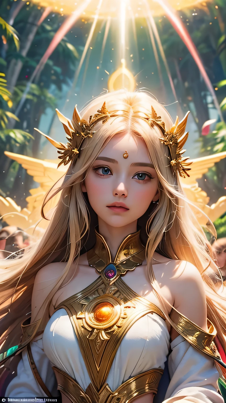 "Maiden of the Sun": Within a sacred sanctuary bathed in sunlight, depict the figure of a sun goddess, facing forward and emanating divine radiance, with golden hair, as she gazes towards us. Zoom in to focus on her face, with light orbs gleaming in her hands, representing the life-giving power of the sun. The background should be predominantly pink, evoking a sense of divine splendor. The setting is in heaven, enveloped in soft, bright light, where one can find tranquility and peace of mind, free from any trace of anxiety. Additionally, the light emanating from her hands should take the form of radiant hearts, resting gently on the palm of her hands.