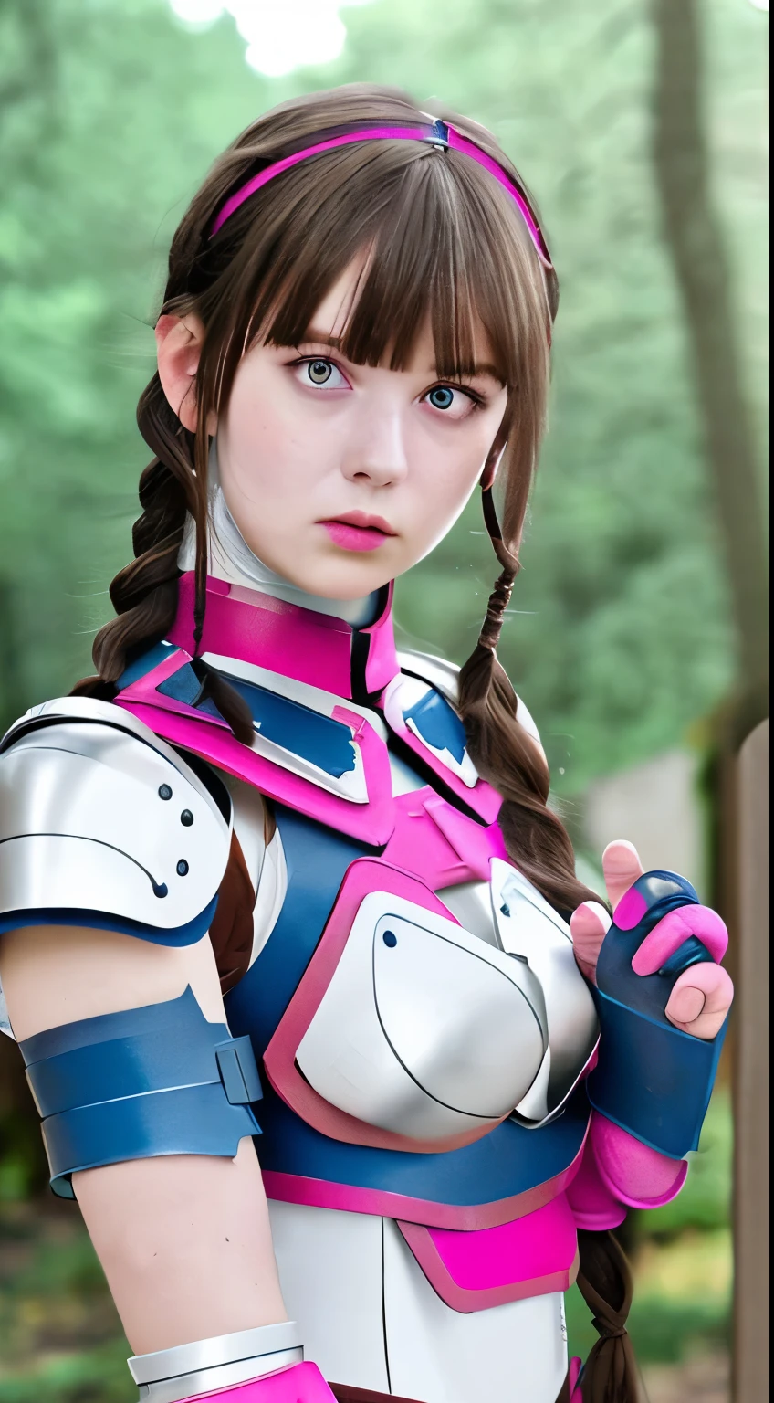 Lapisfe, One girl, alone, View your viewers, blush, bangs, gloves, Upper Body, Braiding, hair band, Outdoor, Lips parted, null, Day, Raise your hand, Pink Eyes, armor, wood, Covered navel, Blurred Background, Place your hand on your chest, shoulder armor, side Braiding, breastplate, red armor