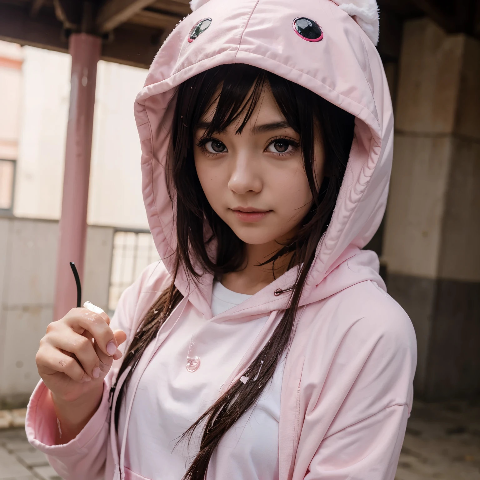 Anime girl in a pink hood with splashing eyes