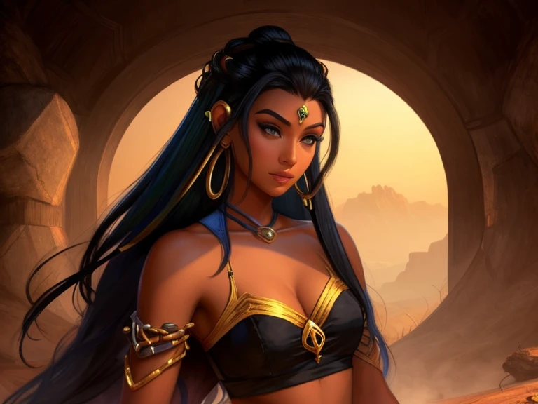 A beautiful yet arrogant Female Pure Blood Yuan Ti Hunter with Olive skin, long black hair, and snake eyes.