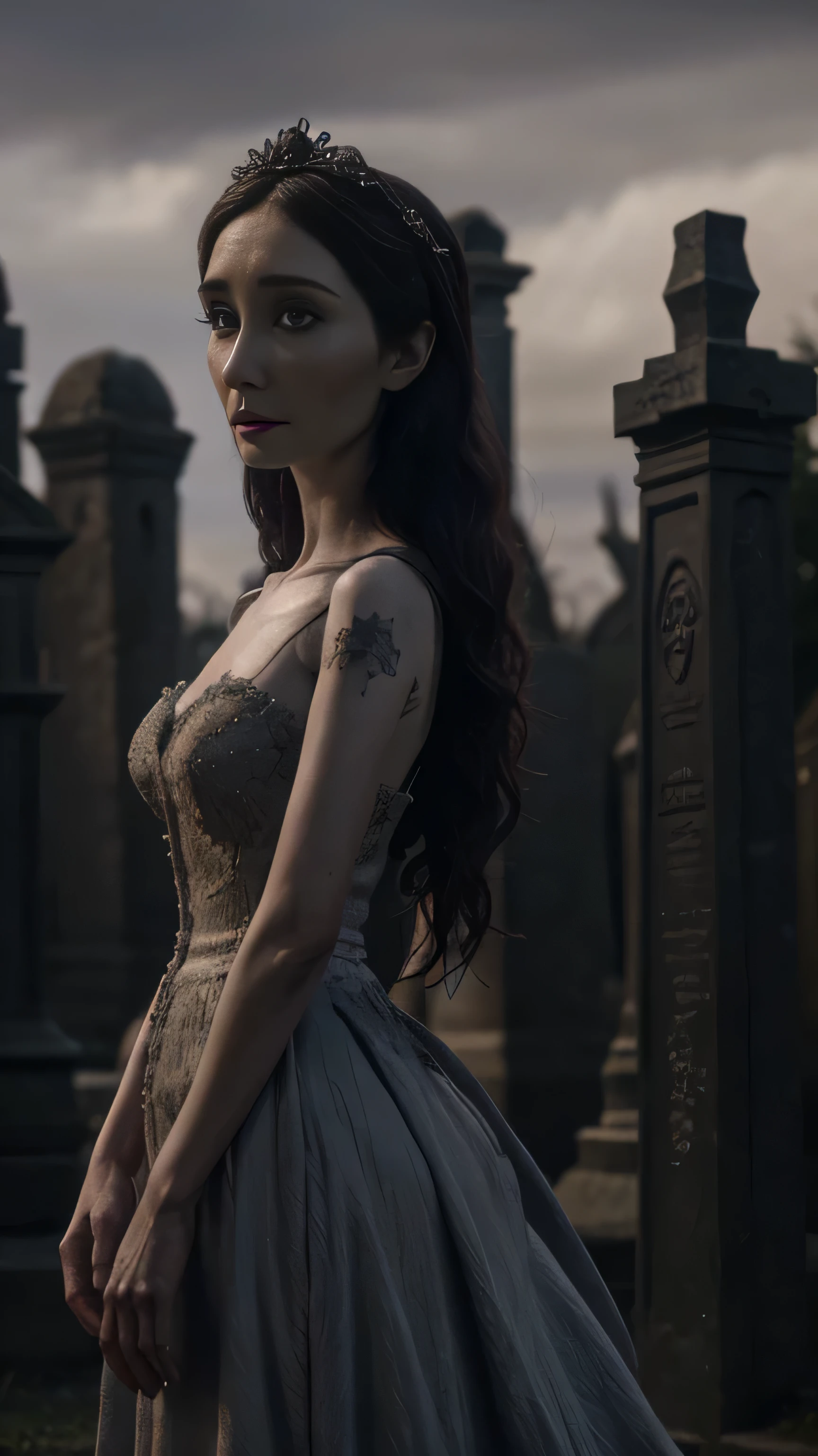 postapocalypse, (Carice van Houten) as corpse bride, ruby bride dress, standing, in the cemetry, (1woman), (solo), (full body view), beautiful detailed glow, detailed, cinematic light, intricate detail, realistic, highres, detailed facial features, high detail, sharp focus, smooth, aesthetic, extremely detailed, stamp, octane render