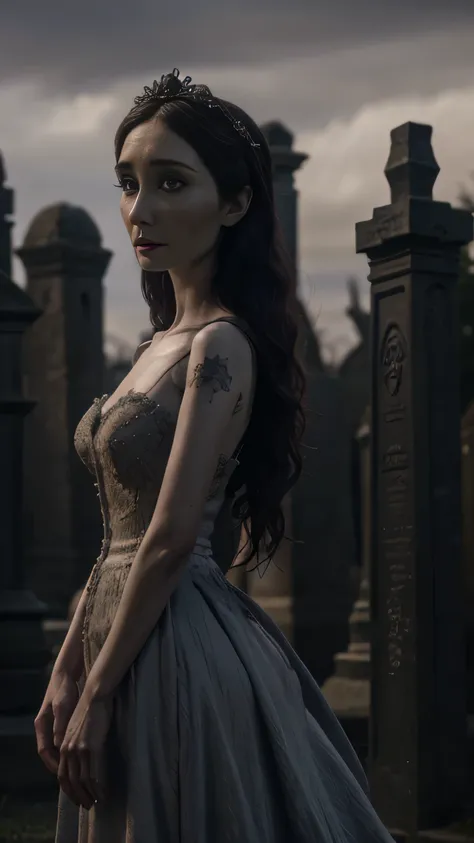 postapocalypse, (carice van houten) as corpse bride, ruby bride dress, standing, in the cemetry, (1woman), (solo), (full body vi...