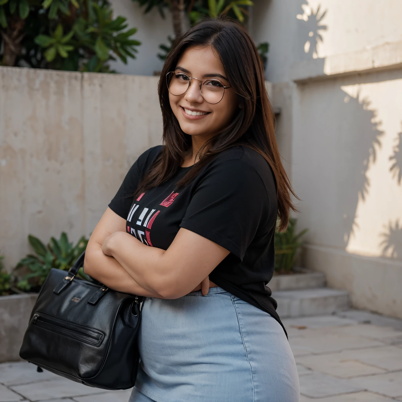 Mujer gorda,blanca, con lentes escolares, cabello obscuro rizado, sonriendo y sosteniendo una bolsa 